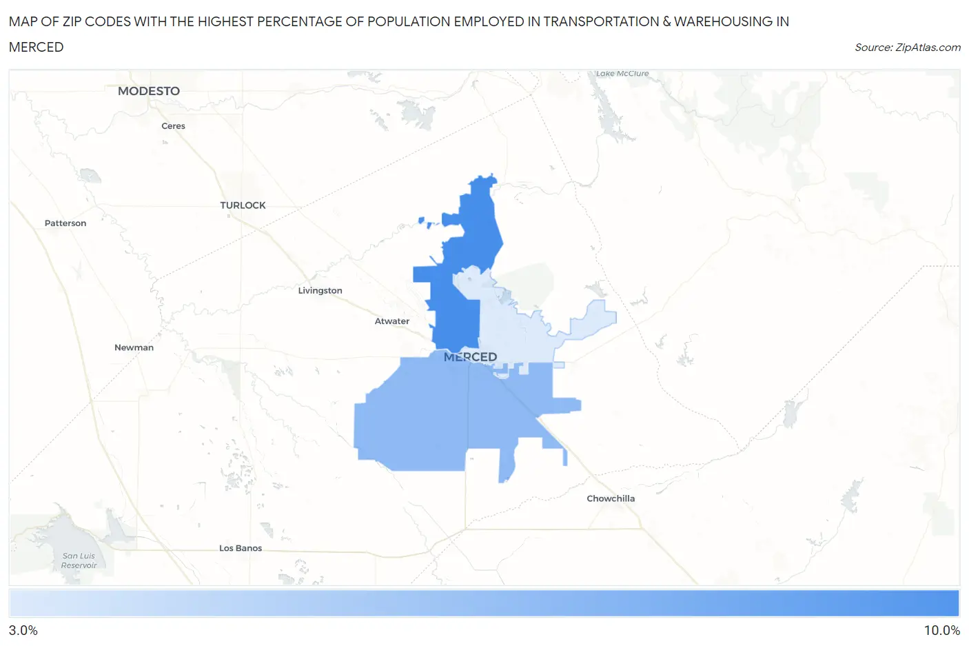 Zip Codes with the Highest Percentage of Population Employed in Transportation & Warehousing in Merced Map