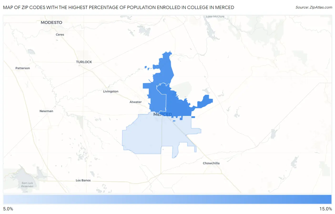 Zip Codes with the Highest Percentage of Population Enrolled in College in Merced Map