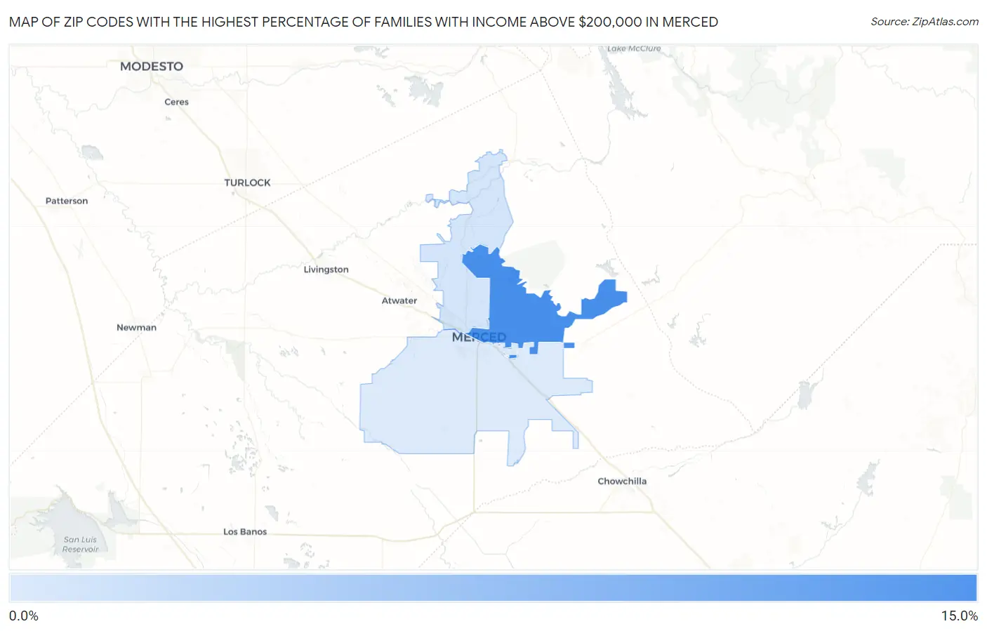 Zip Codes with the Highest Percentage of Families with Income Above $200,000 in Merced Map