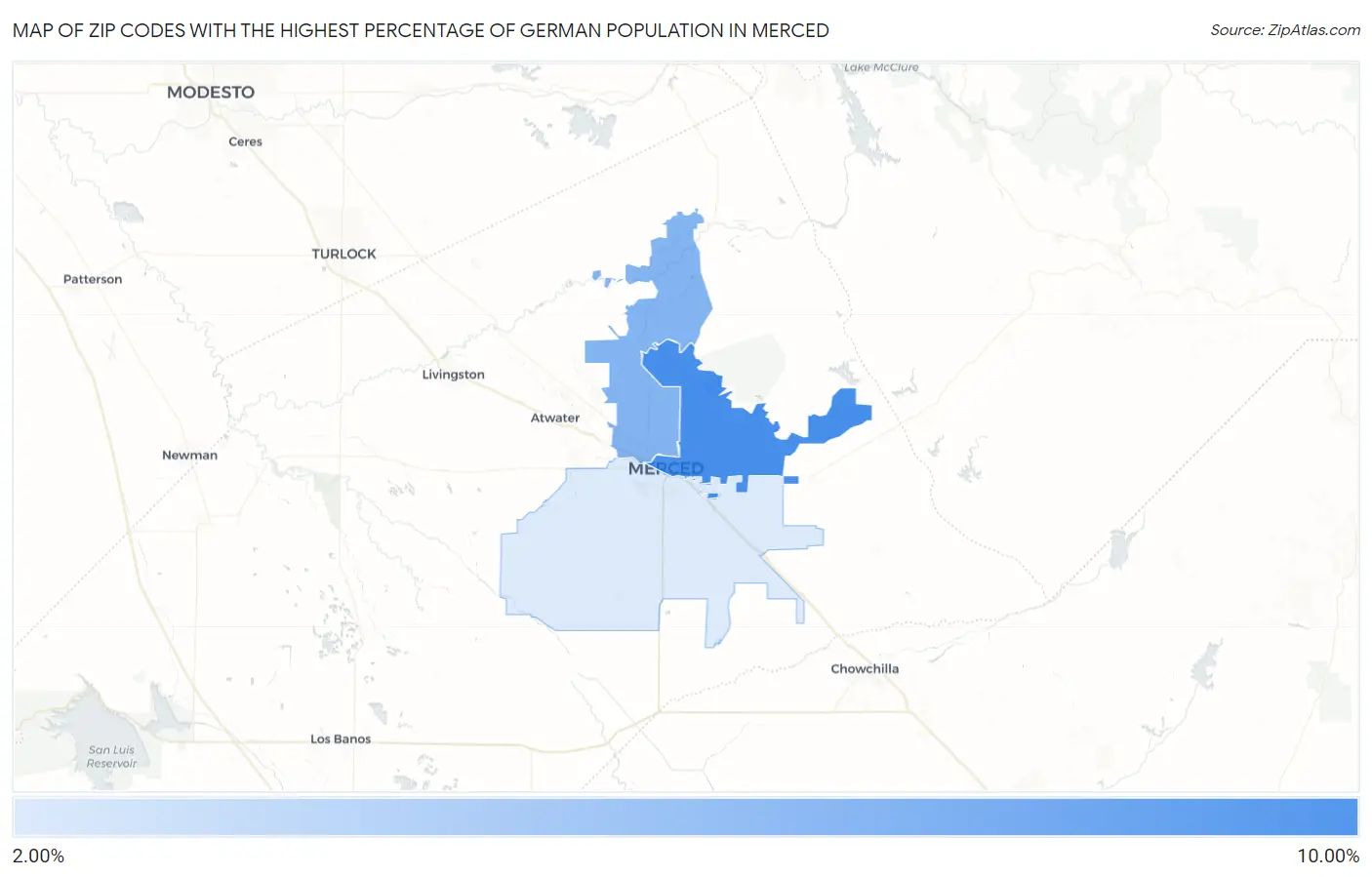 Zip Codes with the Highest Percentage of German Population in Merced Map