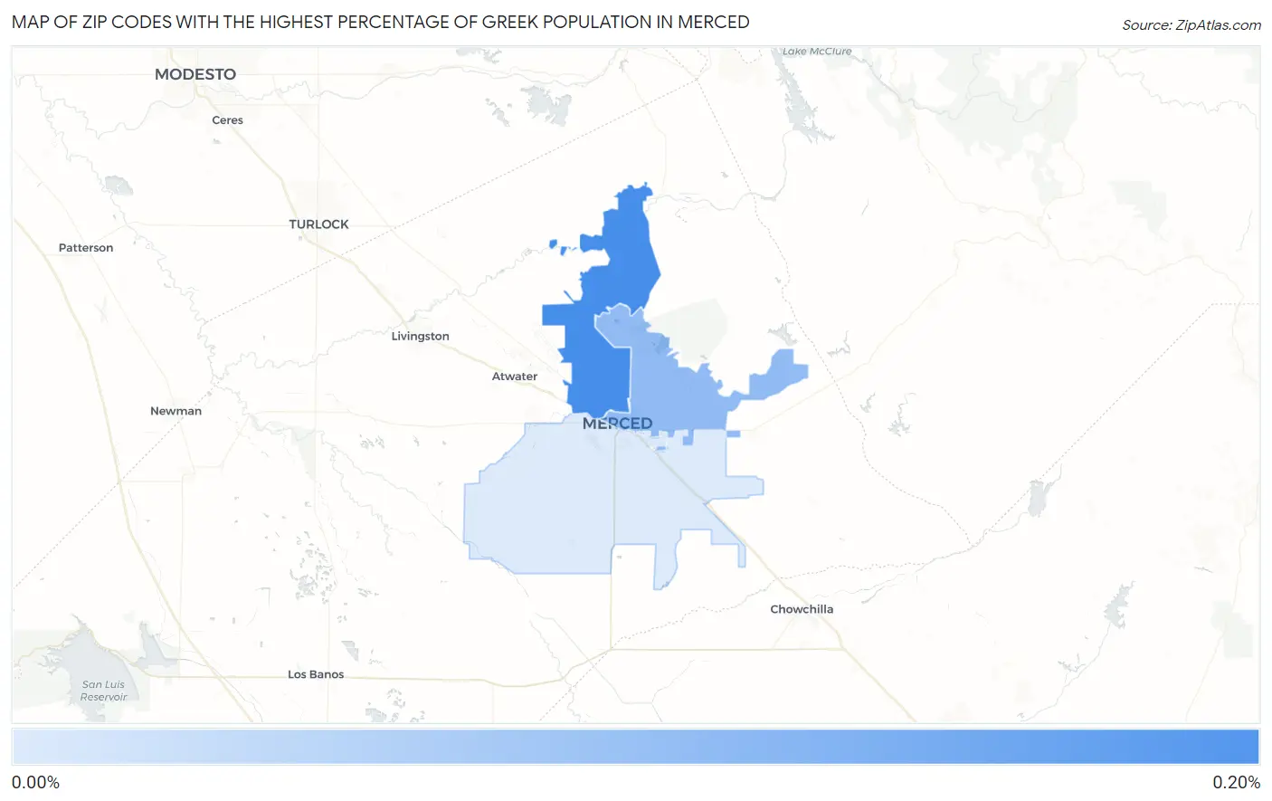 Zip Codes with the Highest Percentage of Greek Population in Merced Map