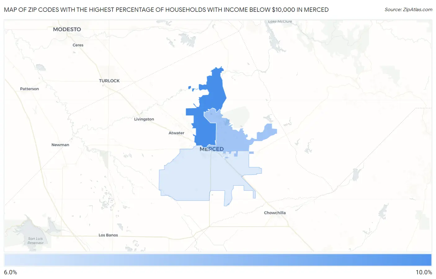 Zip Codes with the Highest Percentage of Households with Income Below $10,000 in Merced Map