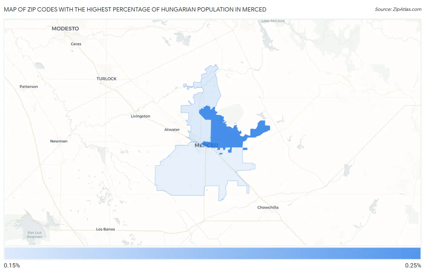 Zip Codes with the Highest Percentage of Hungarian Population in Merced Map