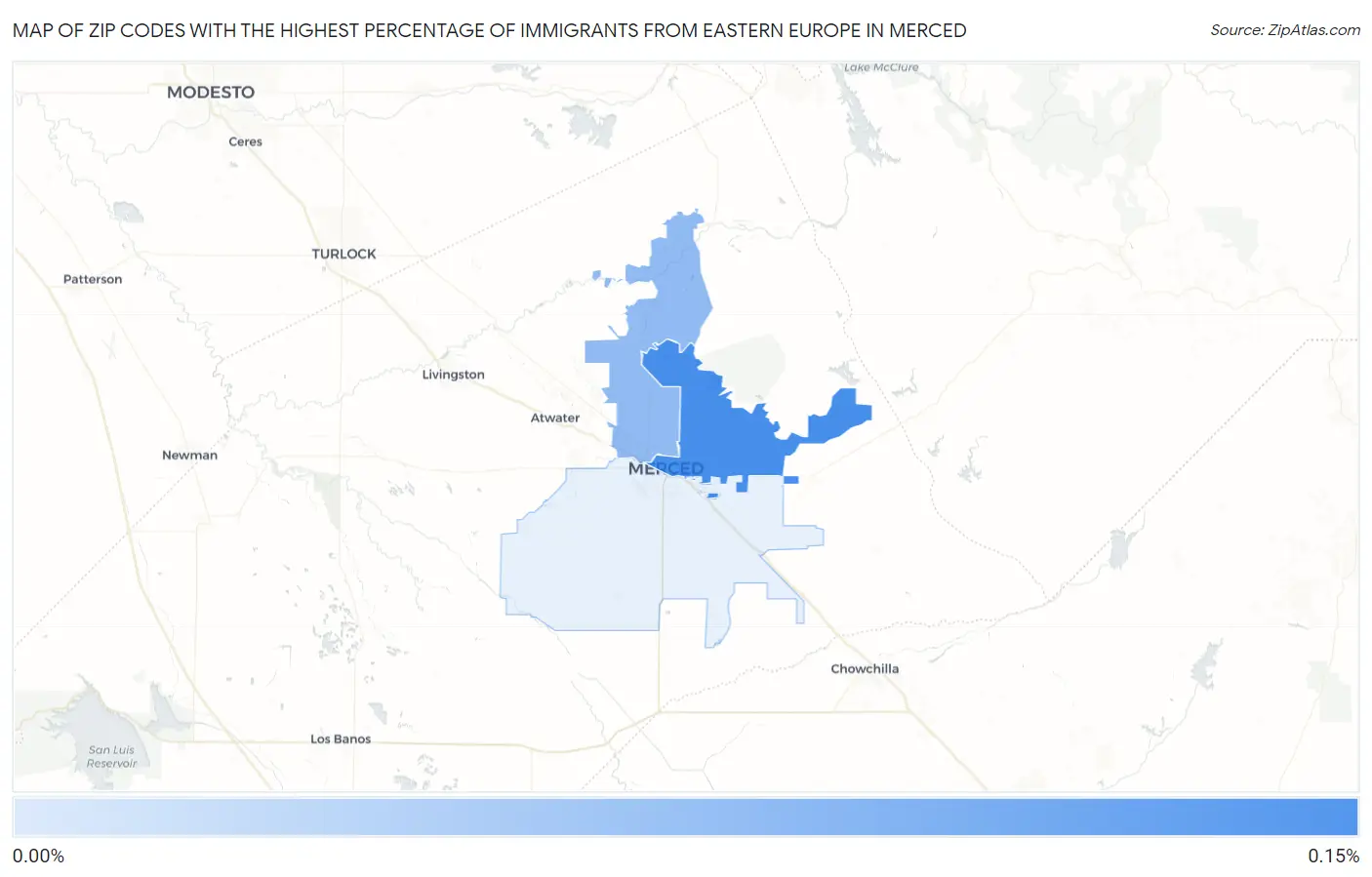 Zip Codes with the Highest Percentage of Immigrants from Eastern Europe in Merced Map