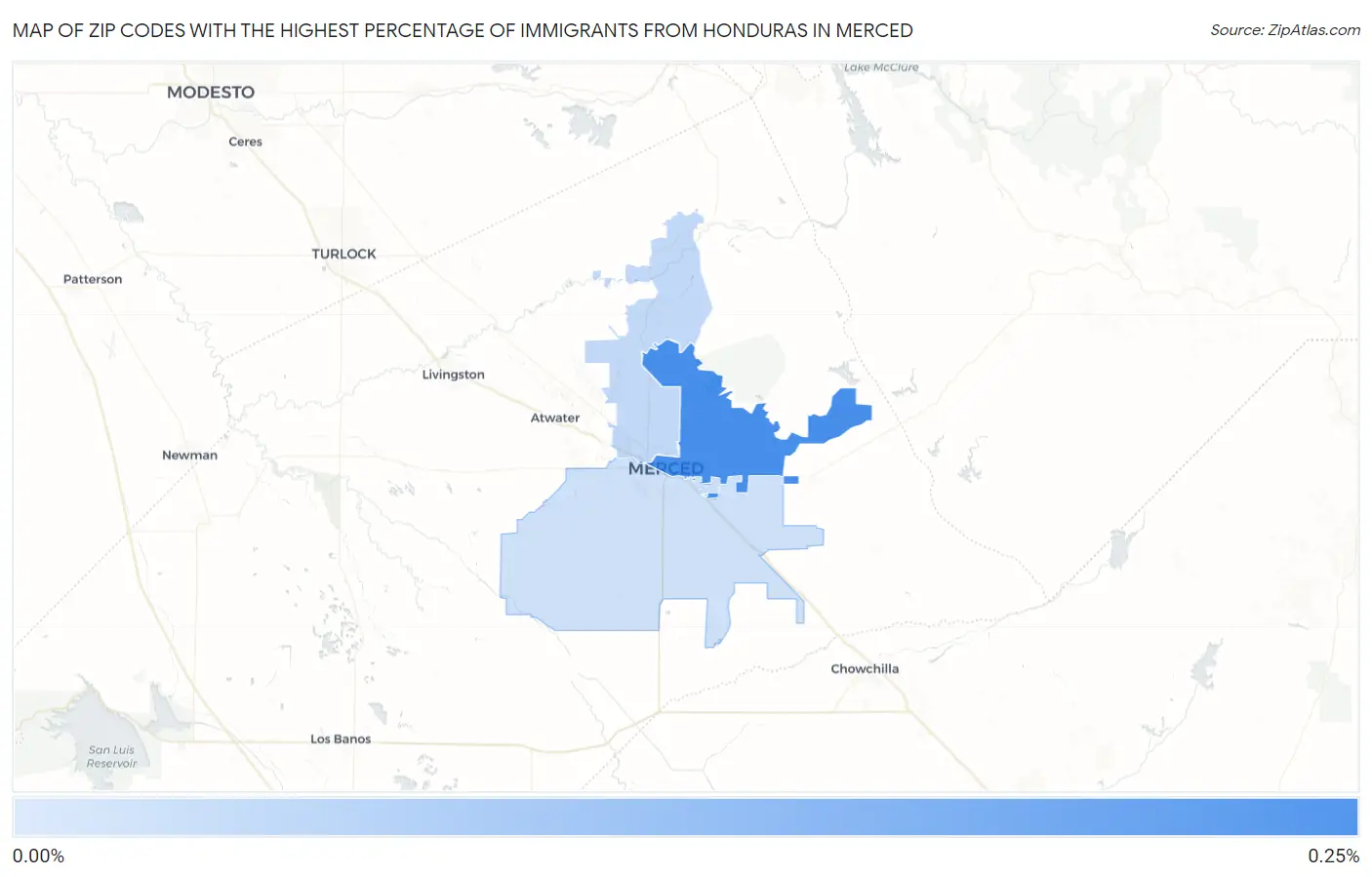 Zip Codes with the Highest Percentage of Immigrants from Honduras in Merced Map