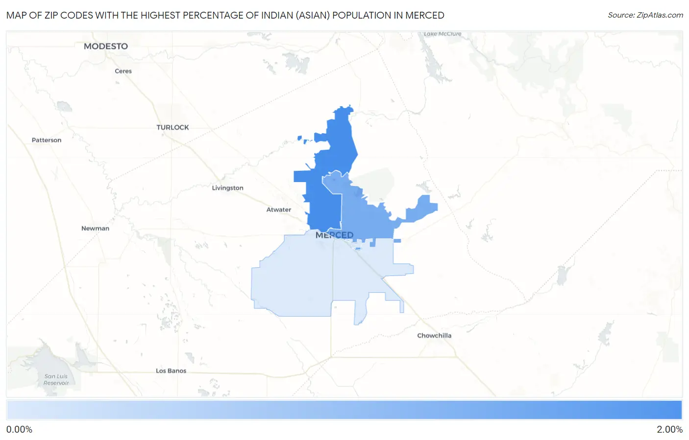 Zip Codes with the Highest Percentage of Indian (Asian) Population in Merced Map