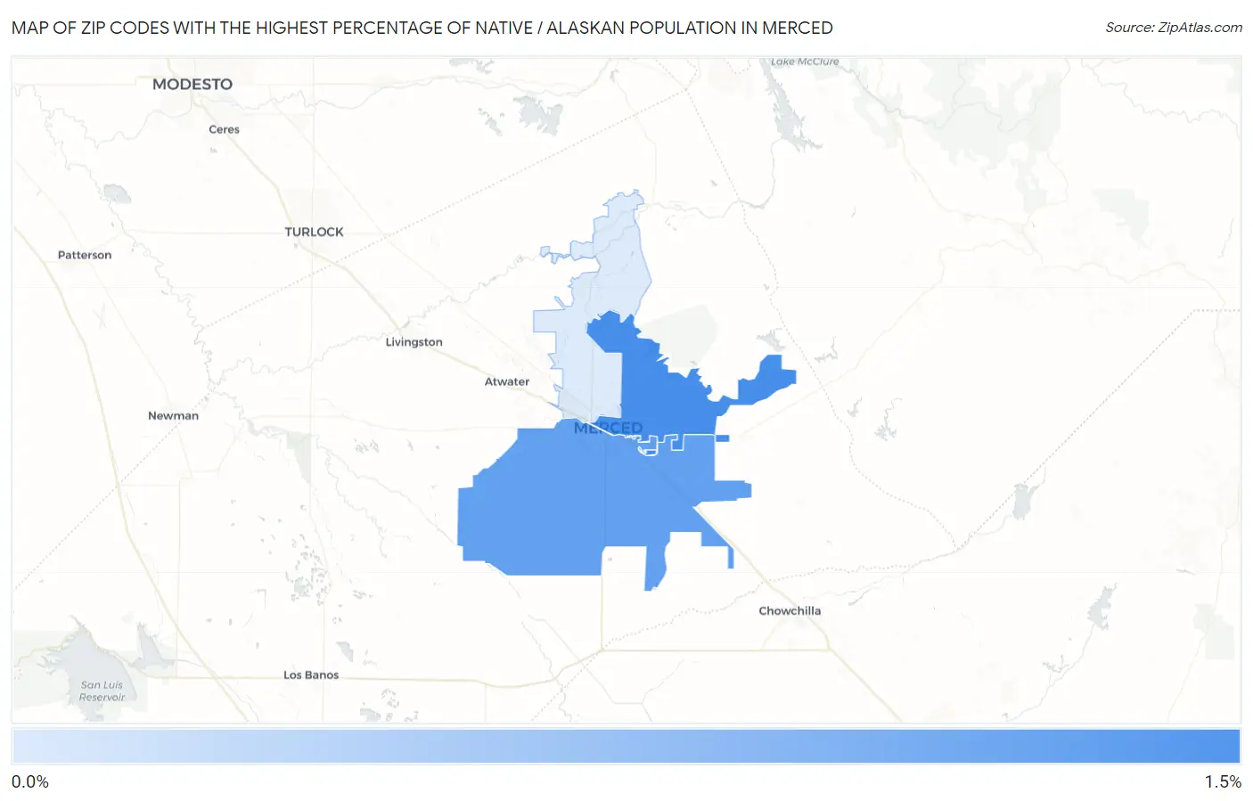 Zip Codes with the Highest Percentage of Native / Alaskan Population in Merced Map
