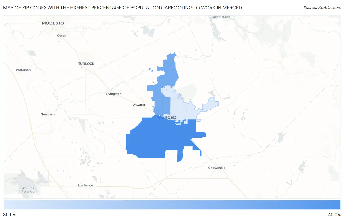 Zip Codes with the Highest Percentage of Population Carpooling to Work in Merced Map