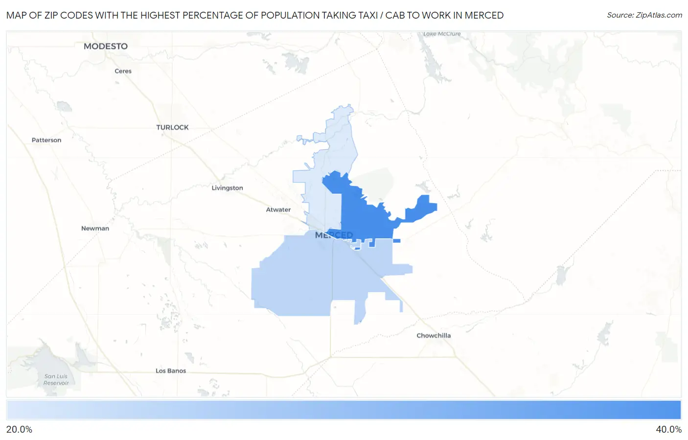 Zip Codes with the Highest Percentage of Population Taking Taxi / Cab to Work in Merced Map
