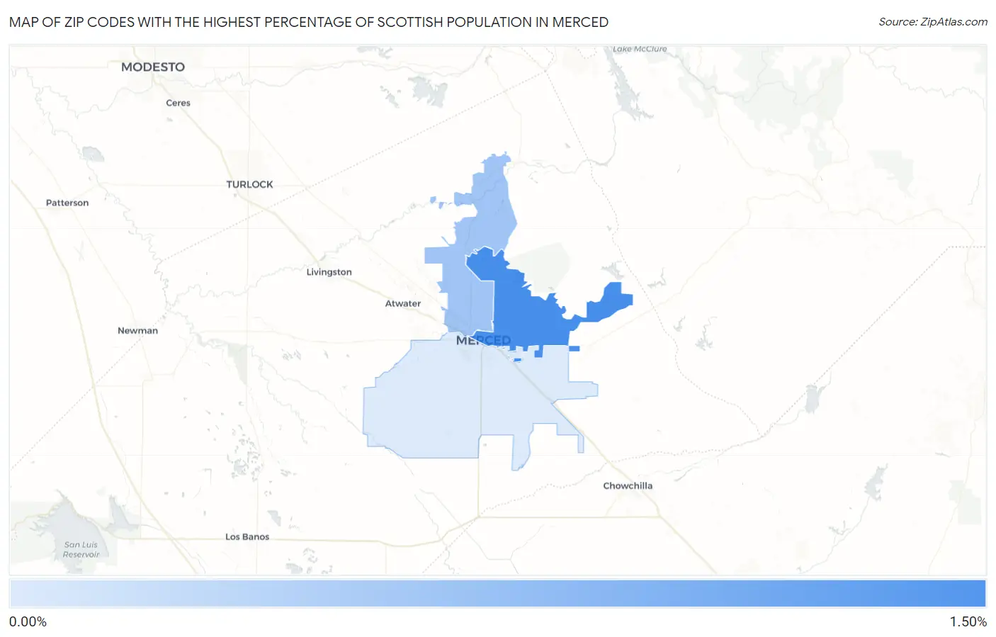 Zip Codes with the Highest Percentage of Scottish Population in Merced Map