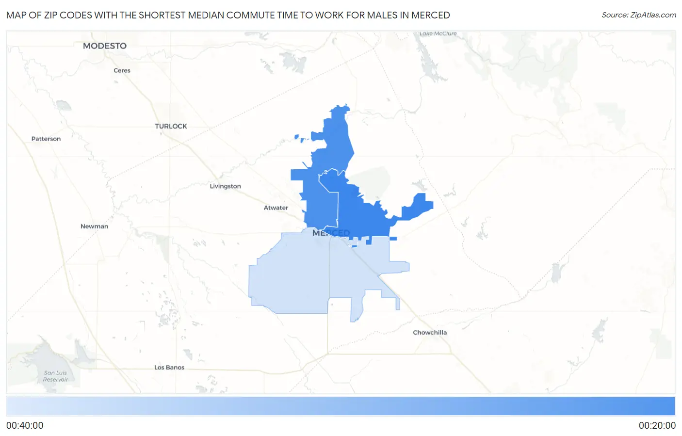 Zip Codes with the Shortest Median Commute Time to Work for Males in Merced Map