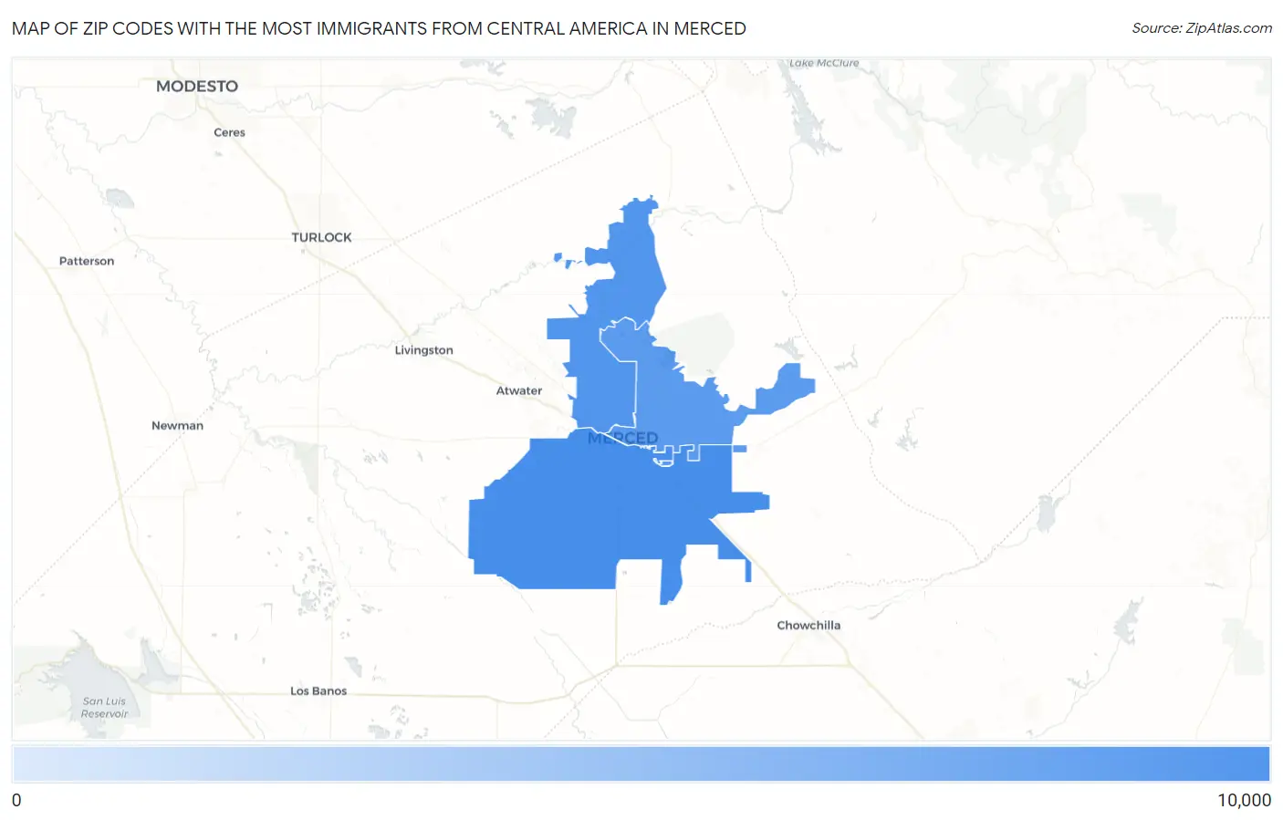 Zip Codes with the Most Immigrants from Central America in Merced Map