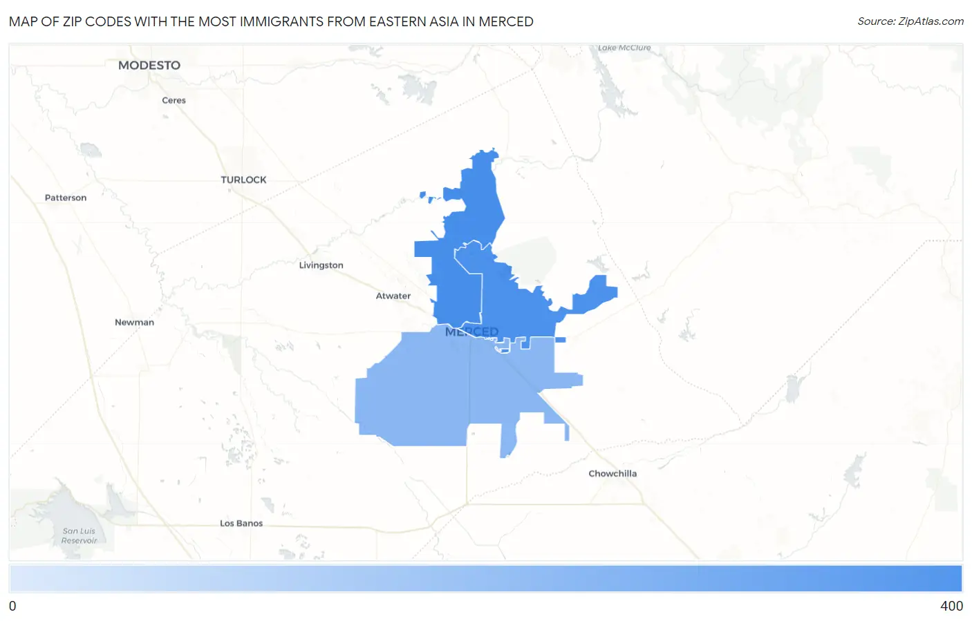 Zip Codes with the Most Immigrants from Eastern Asia in Merced Map