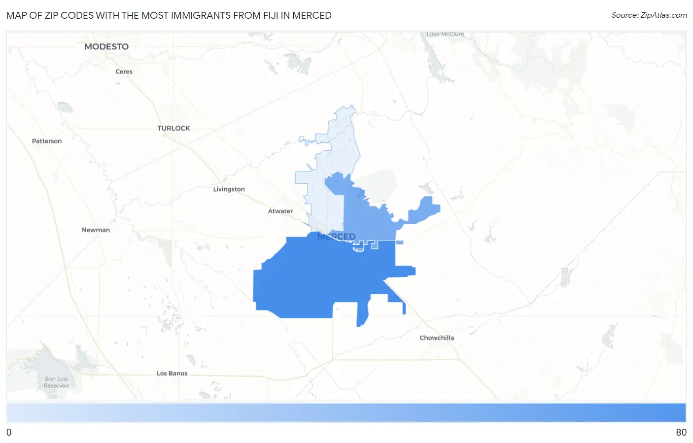 Zip Codes with the Most Immigrants from Fiji in Merced Map