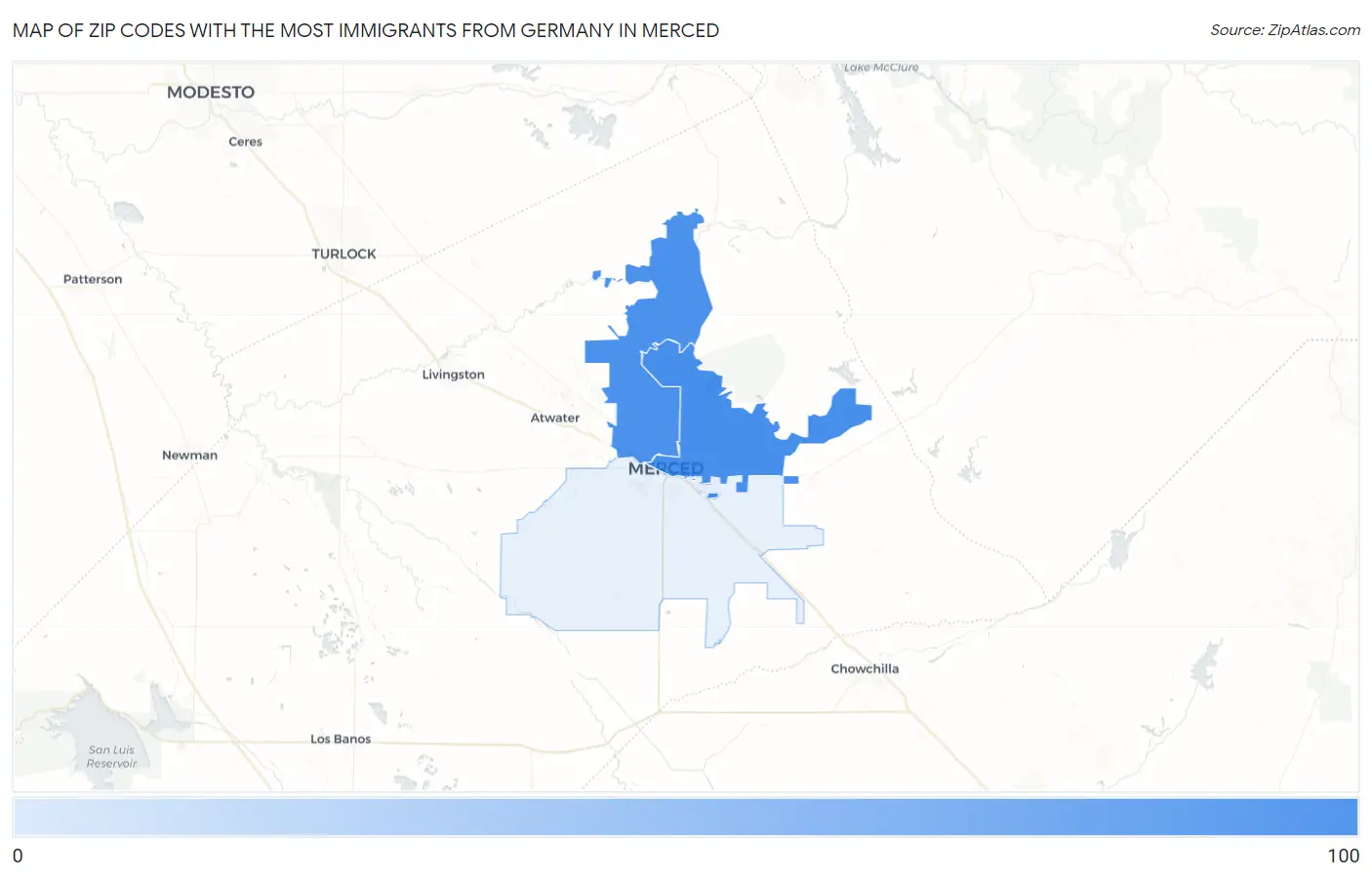 Zip Codes with the Most Immigrants from Germany in Merced Map