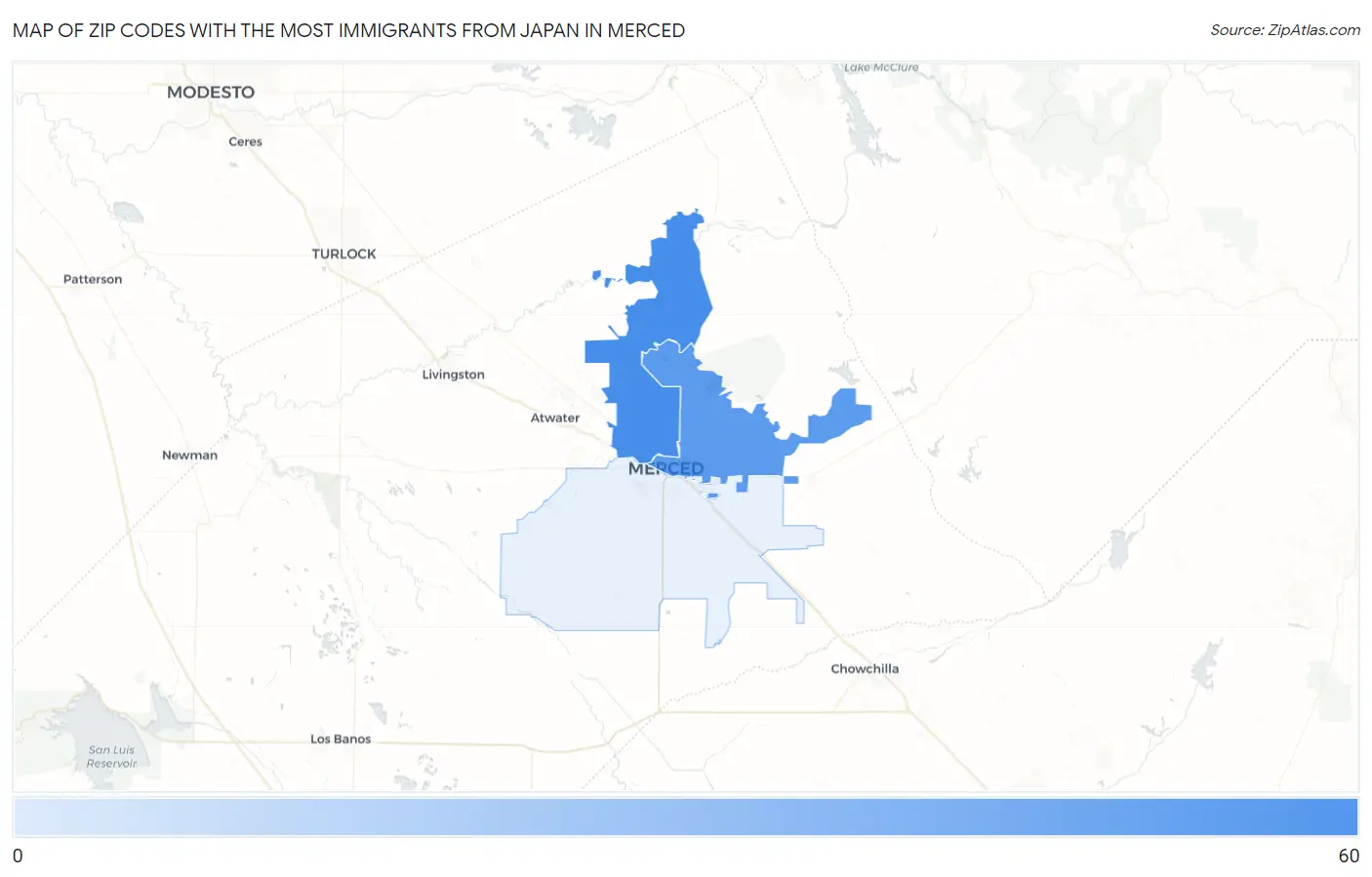 Zip Codes with the Most Immigrants from Japan in Merced Map