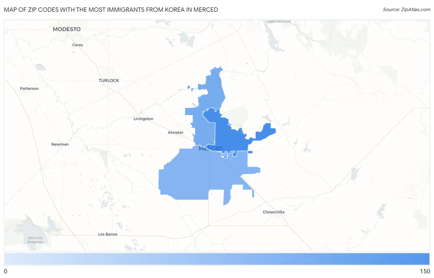 Zip Codes with the Most Immigrants from Korea in Merced Map