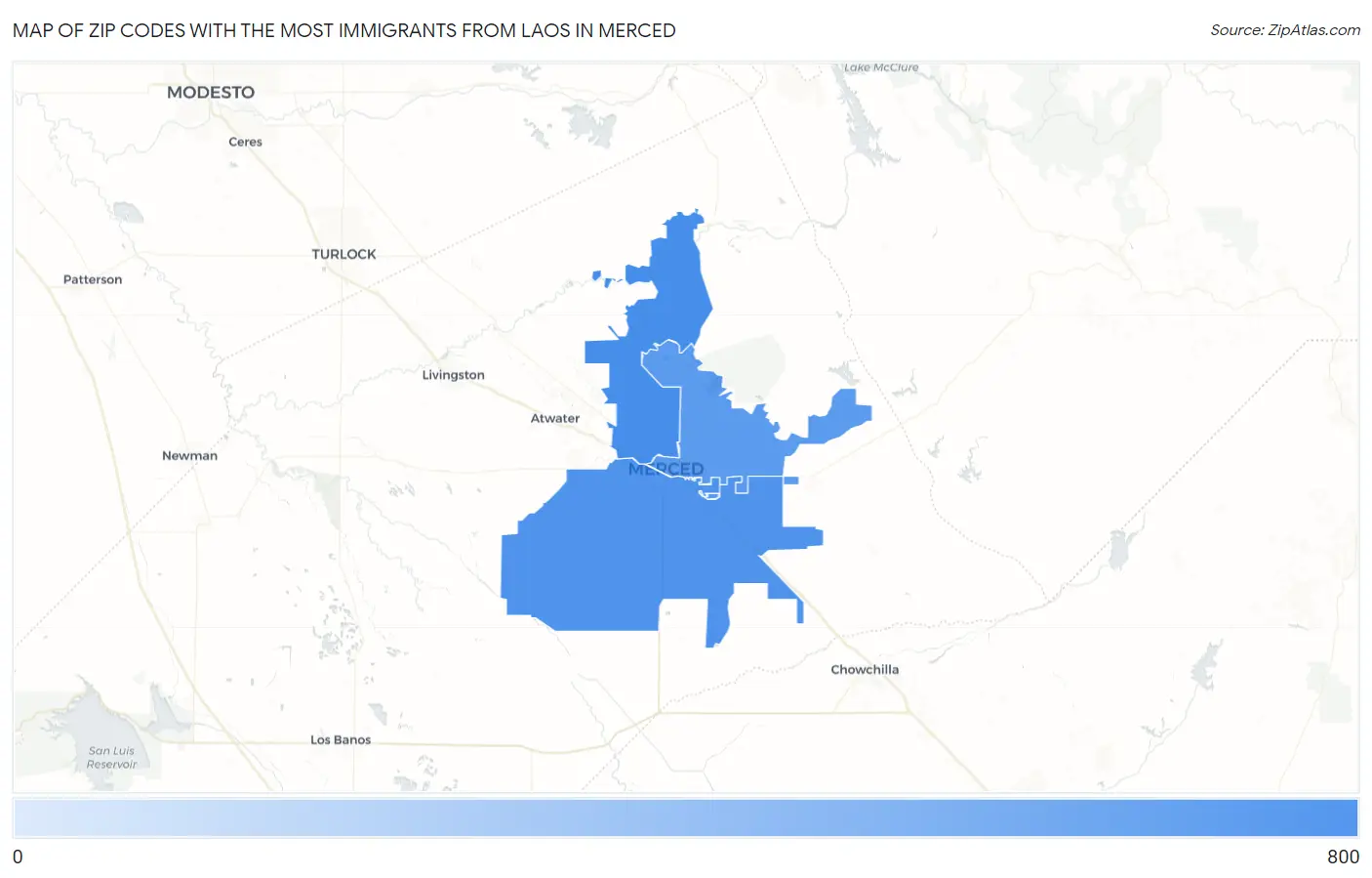 Zip Codes with the Most Immigrants from Laos in Merced Map