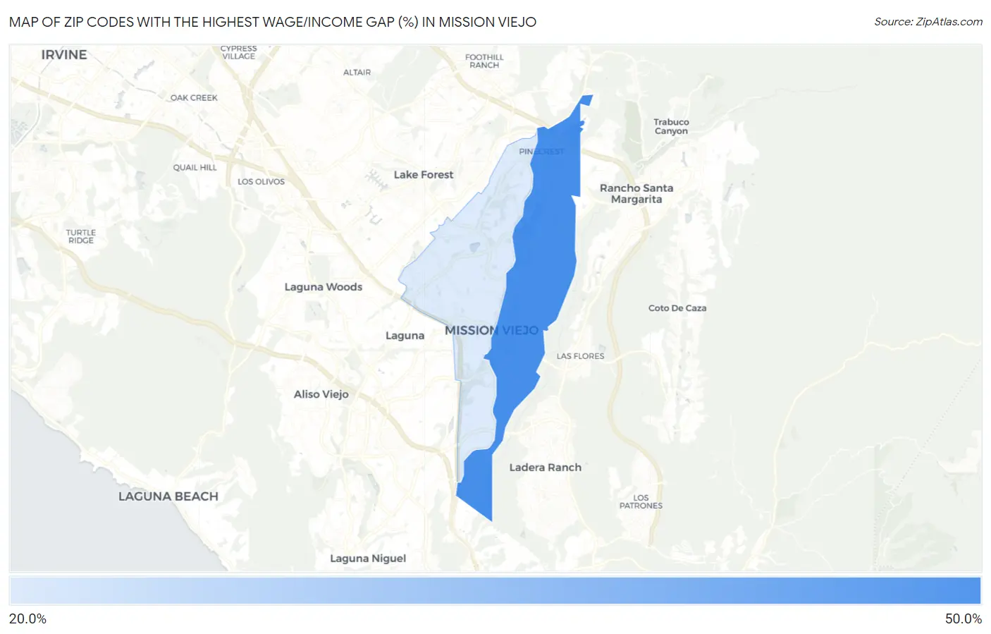 Zip Codes with the Highest Wage/Income Gap (%) in Mission Viejo Map