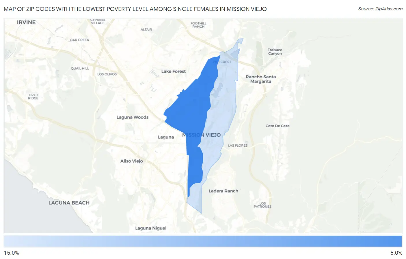 Zip Codes with the Lowest Poverty Level Among Single Females in Mission Viejo Map
