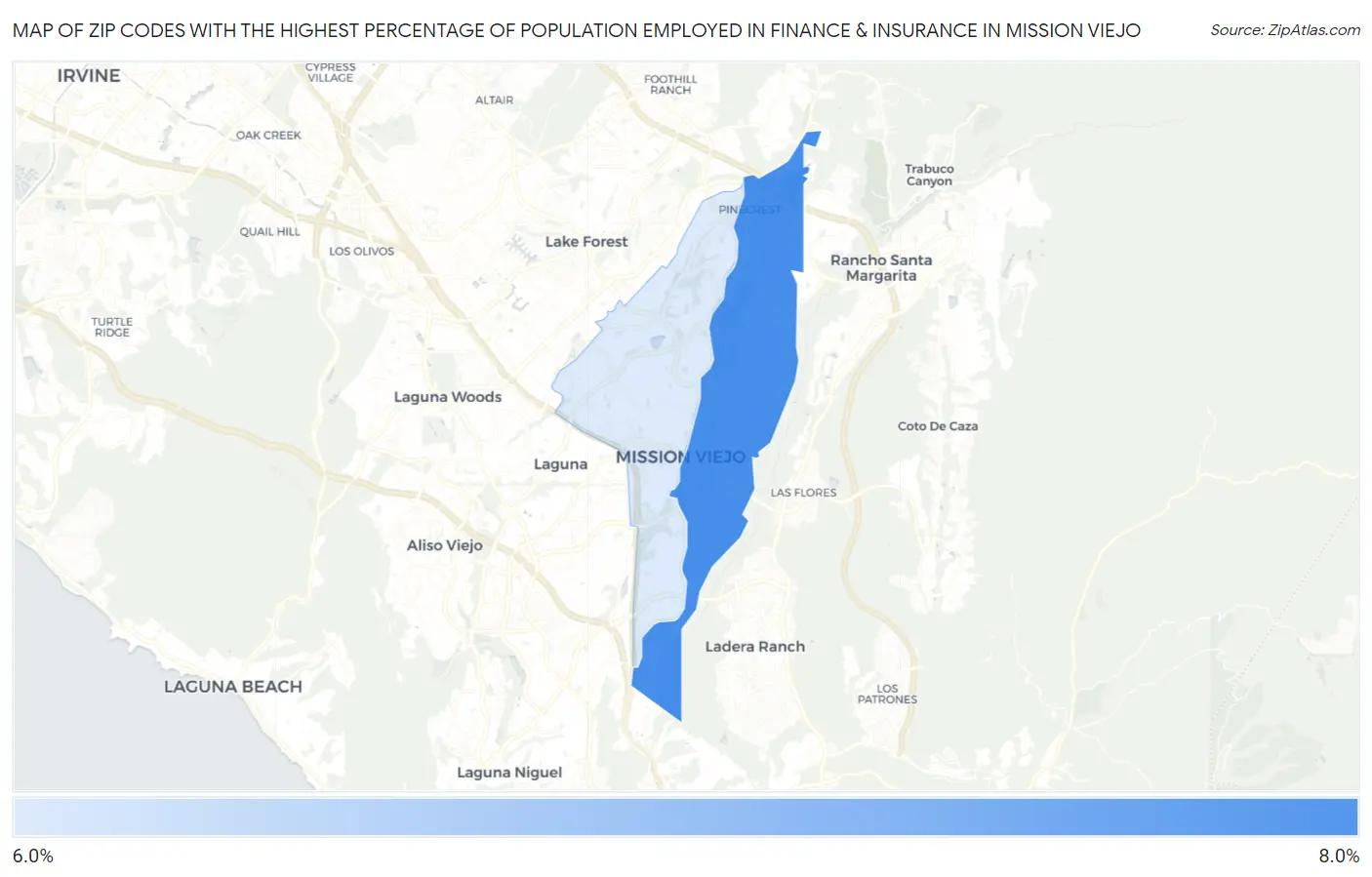 Zip Codes with the Highest Percentage of Population Employed in Finance & Insurance in Mission Viejo Map