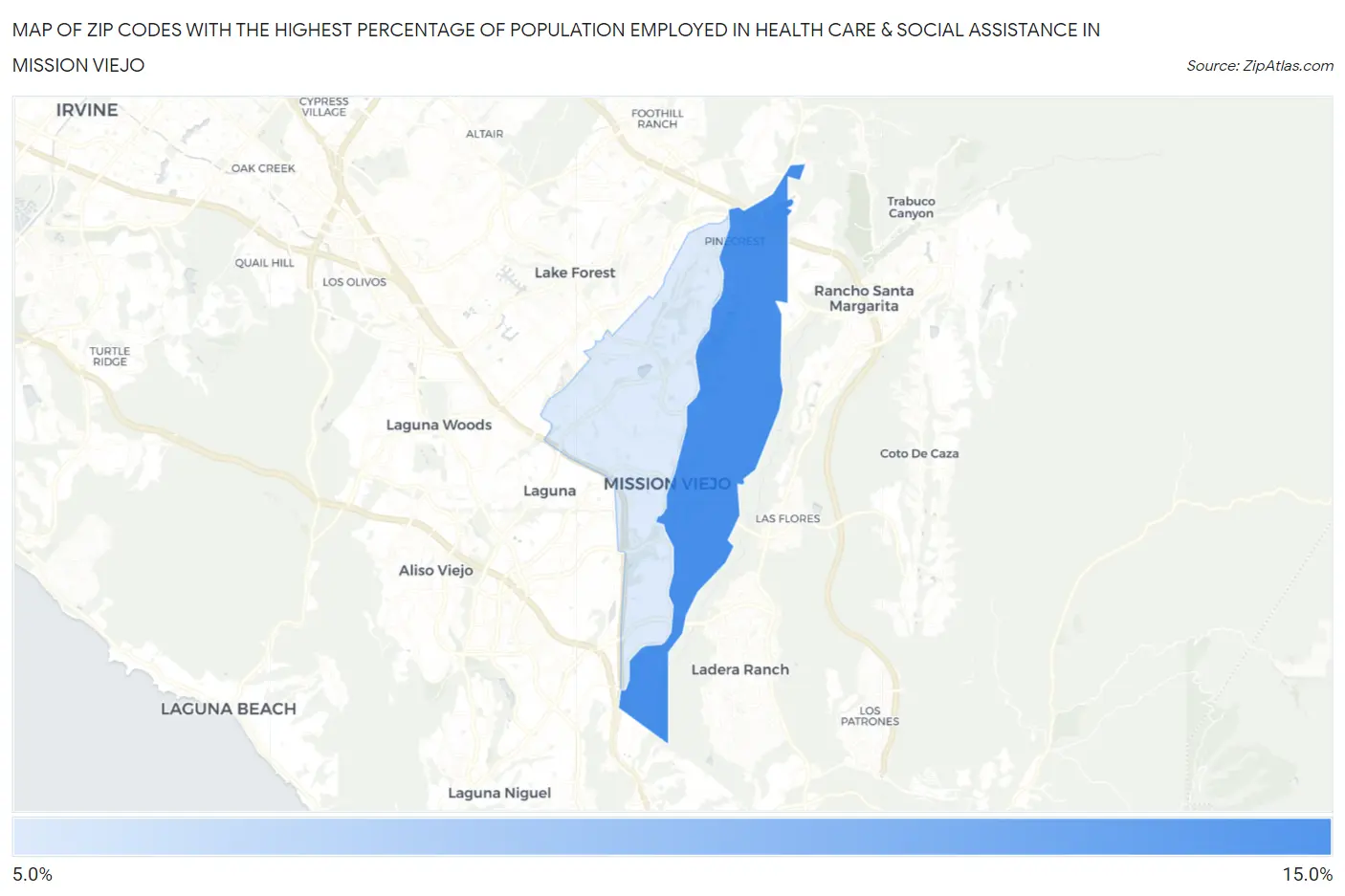 Zip Codes with the Highest Percentage of Population Employed in Health Care & Social Assistance in Mission Viejo Map