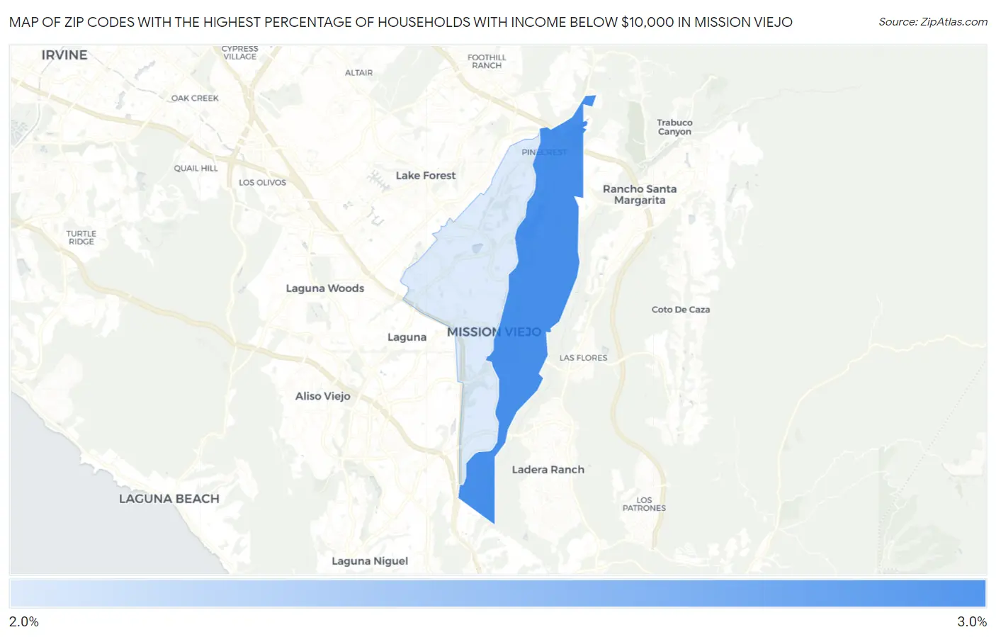 Zip Codes with the Highest Percentage of Households with Income Below $10,000 in Mission Viejo Map