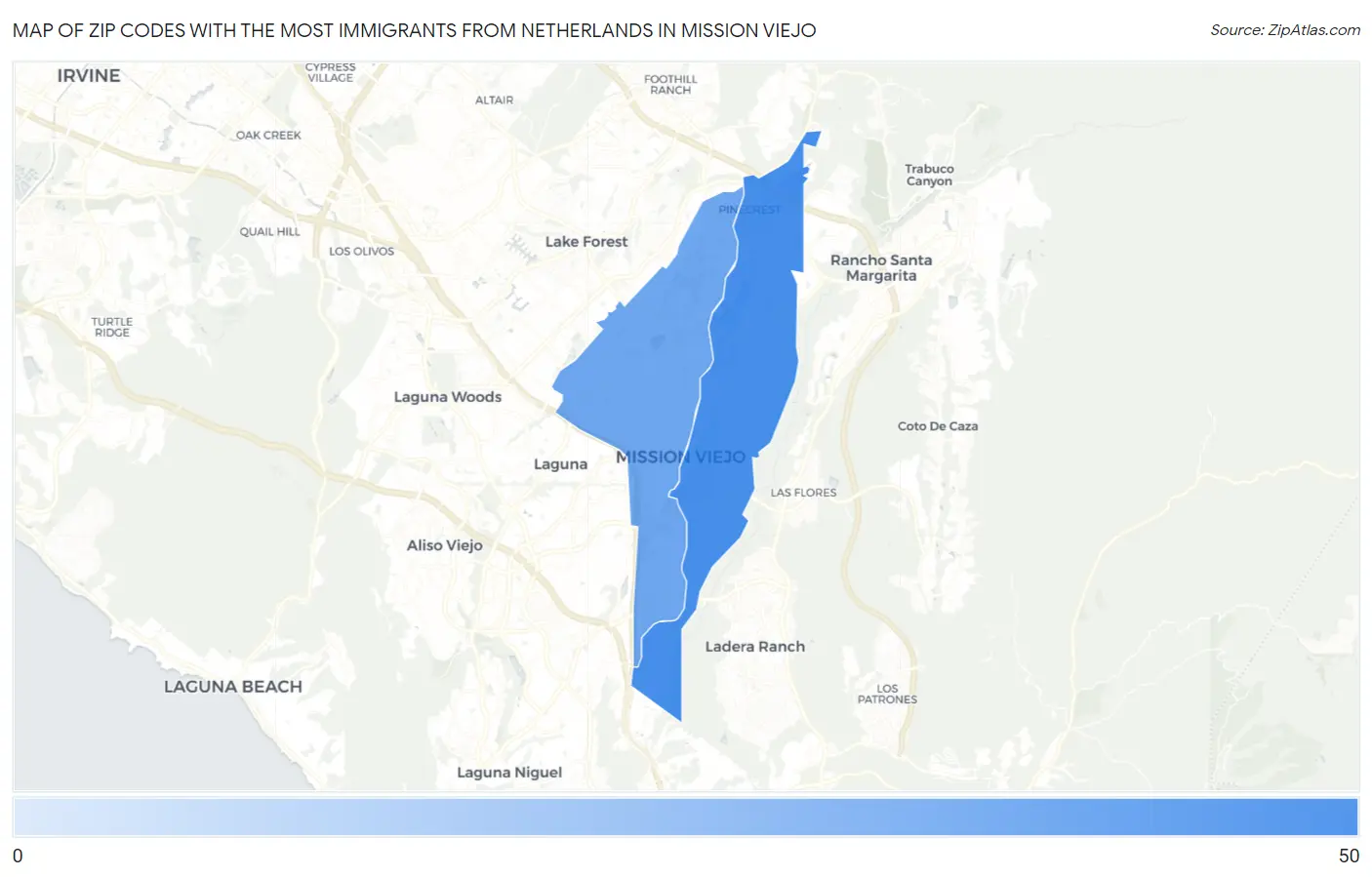 Zip Codes with the Most Immigrants from Netherlands in Mission Viejo Map