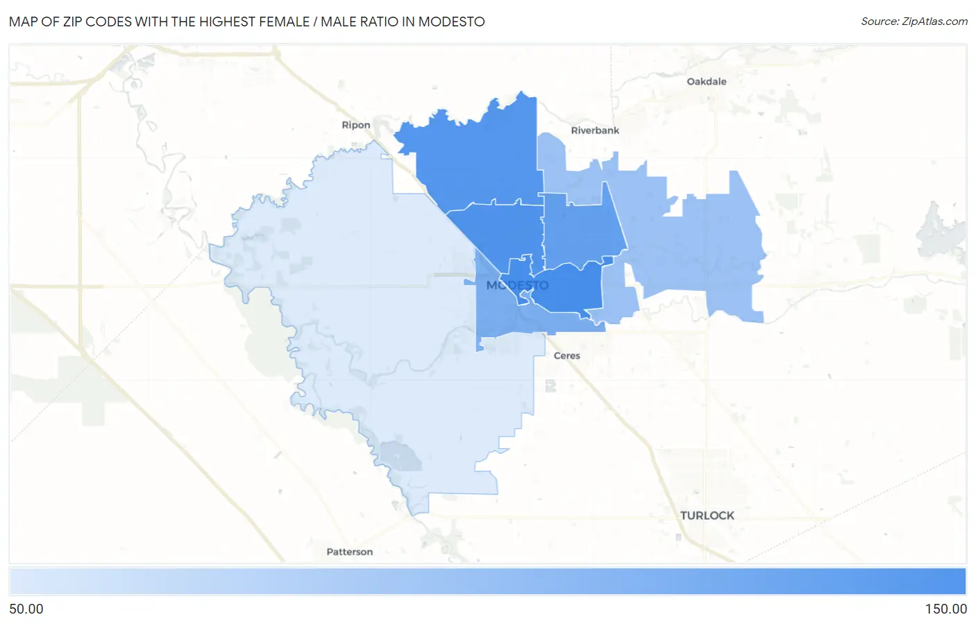 Zip Codes with the Highest Female / Male Ratio in Modesto Map