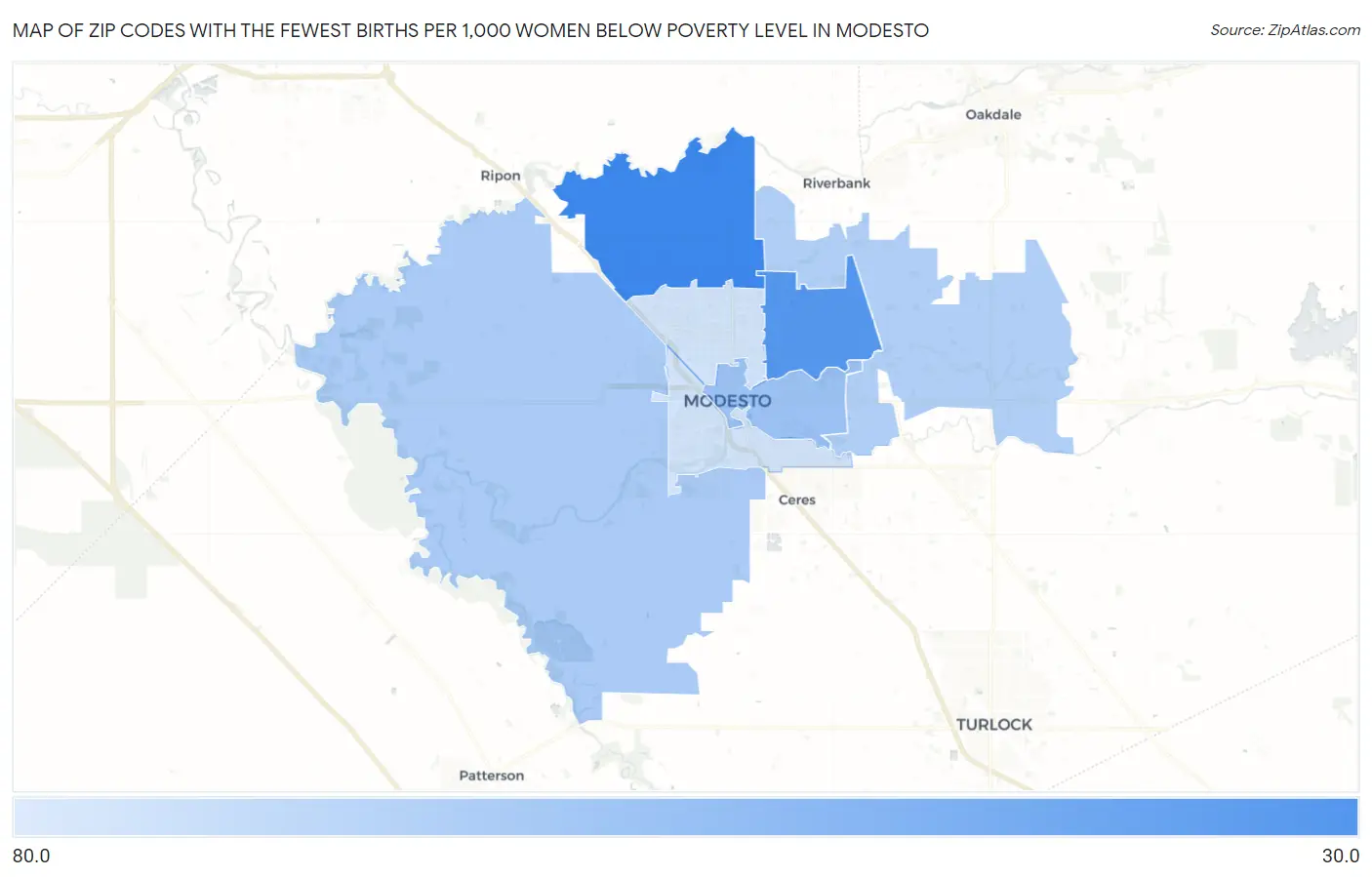 Zip Codes with the Fewest Births per 1,000 Women Below Poverty Level in Modesto Map