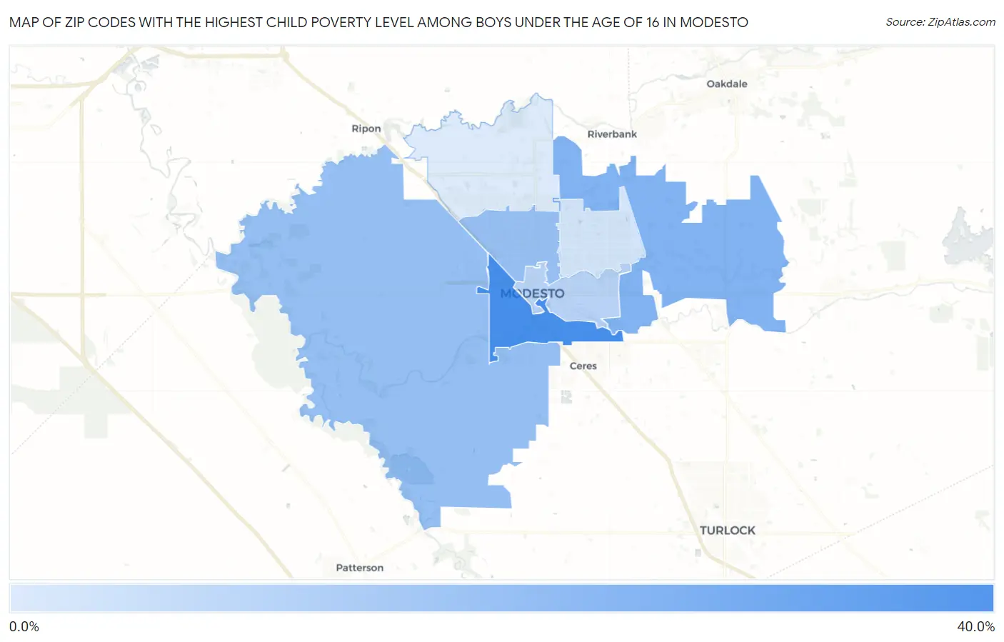 Zip Codes with the Highest Child Poverty Level Among Boys Under the Age of 16 in Modesto Map