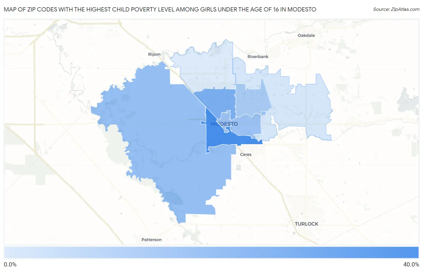 Zip Codes with the Highest Child Poverty Level Among Girls Under the Age of 16 in Modesto Map