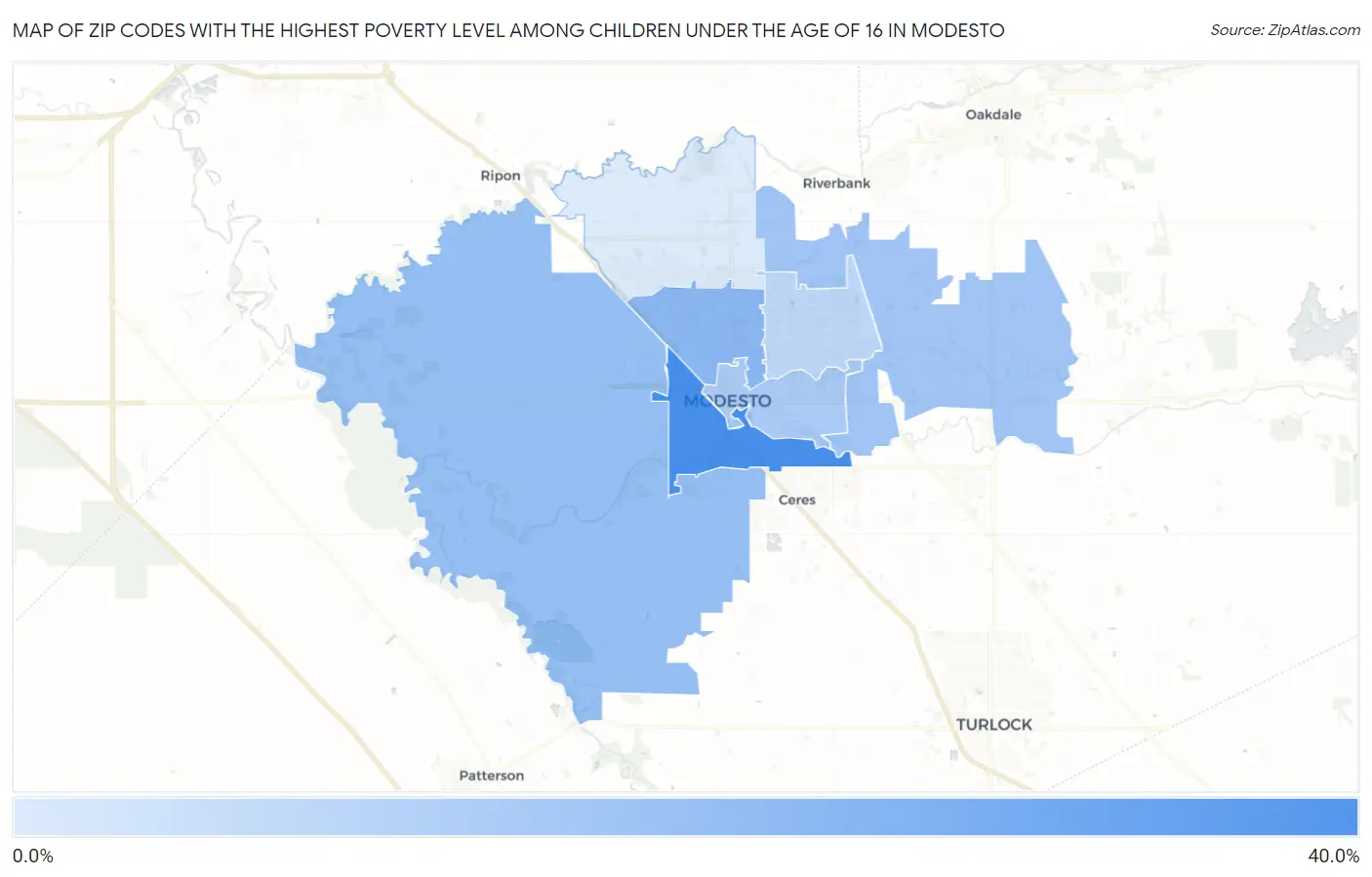 Zip Codes with the Highest Poverty Level Among Children Under the Age of 16 in Modesto Map