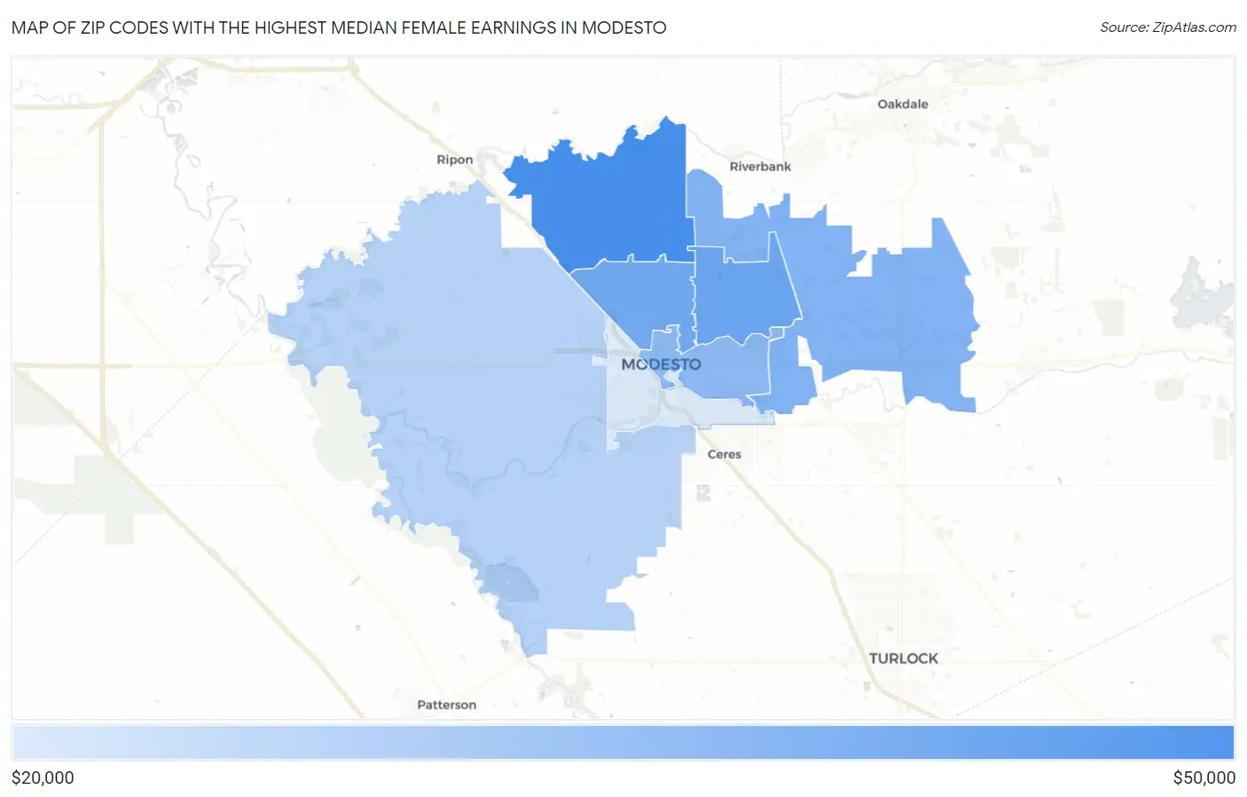 Zip Codes with the Highest Median Female Earnings in Modesto Map