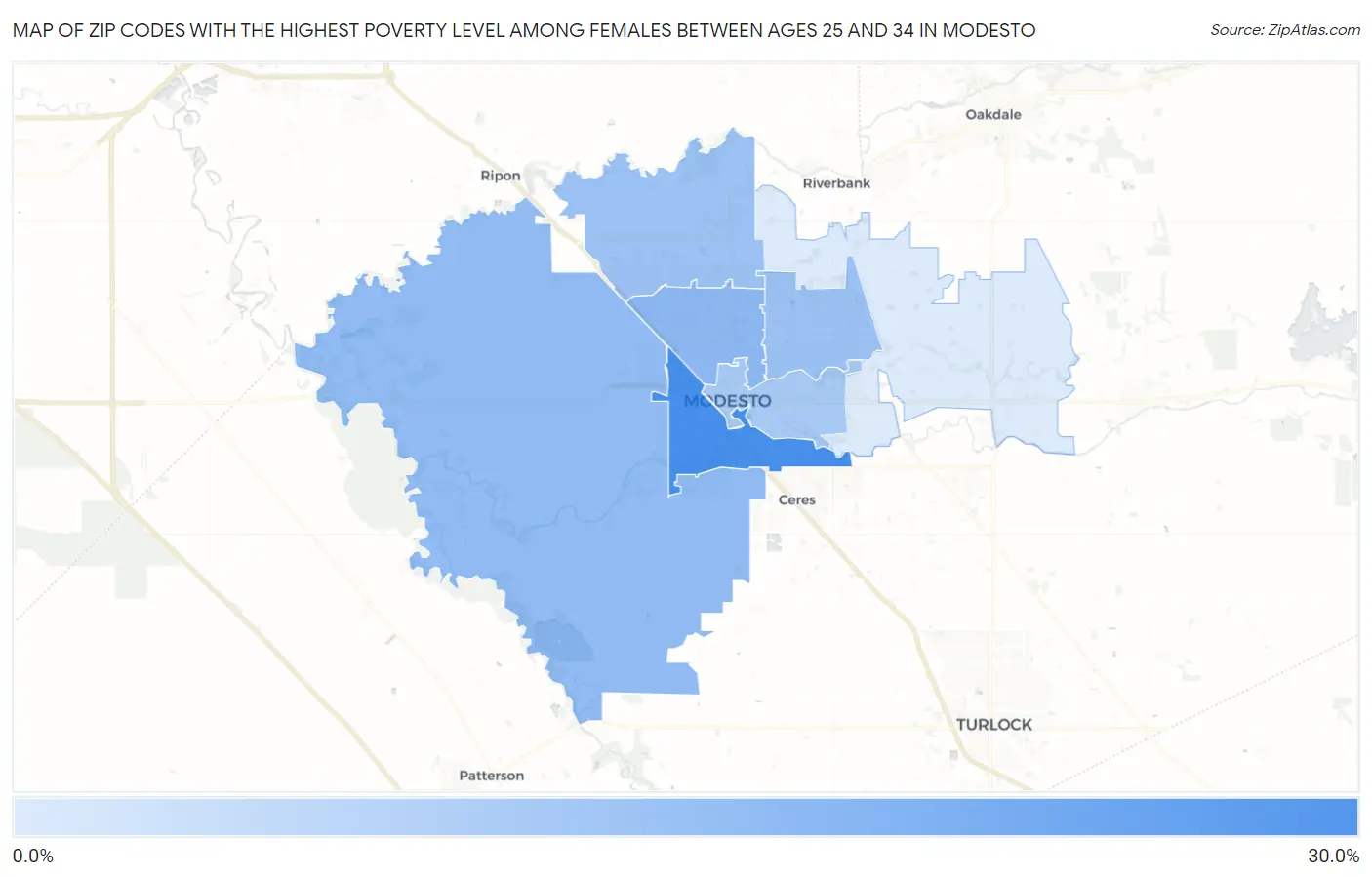 Zip Codes with the Highest Poverty Level Among Females Between Ages 25 and 34 in Modesto Map