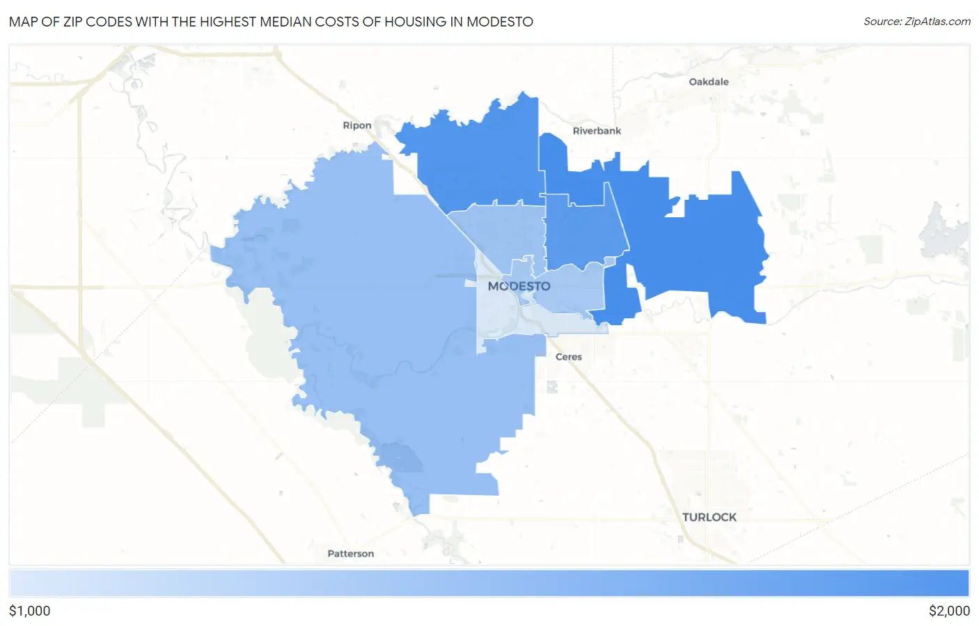 Zip Codes with the Highest Median Costs of Housing in Modesto Map