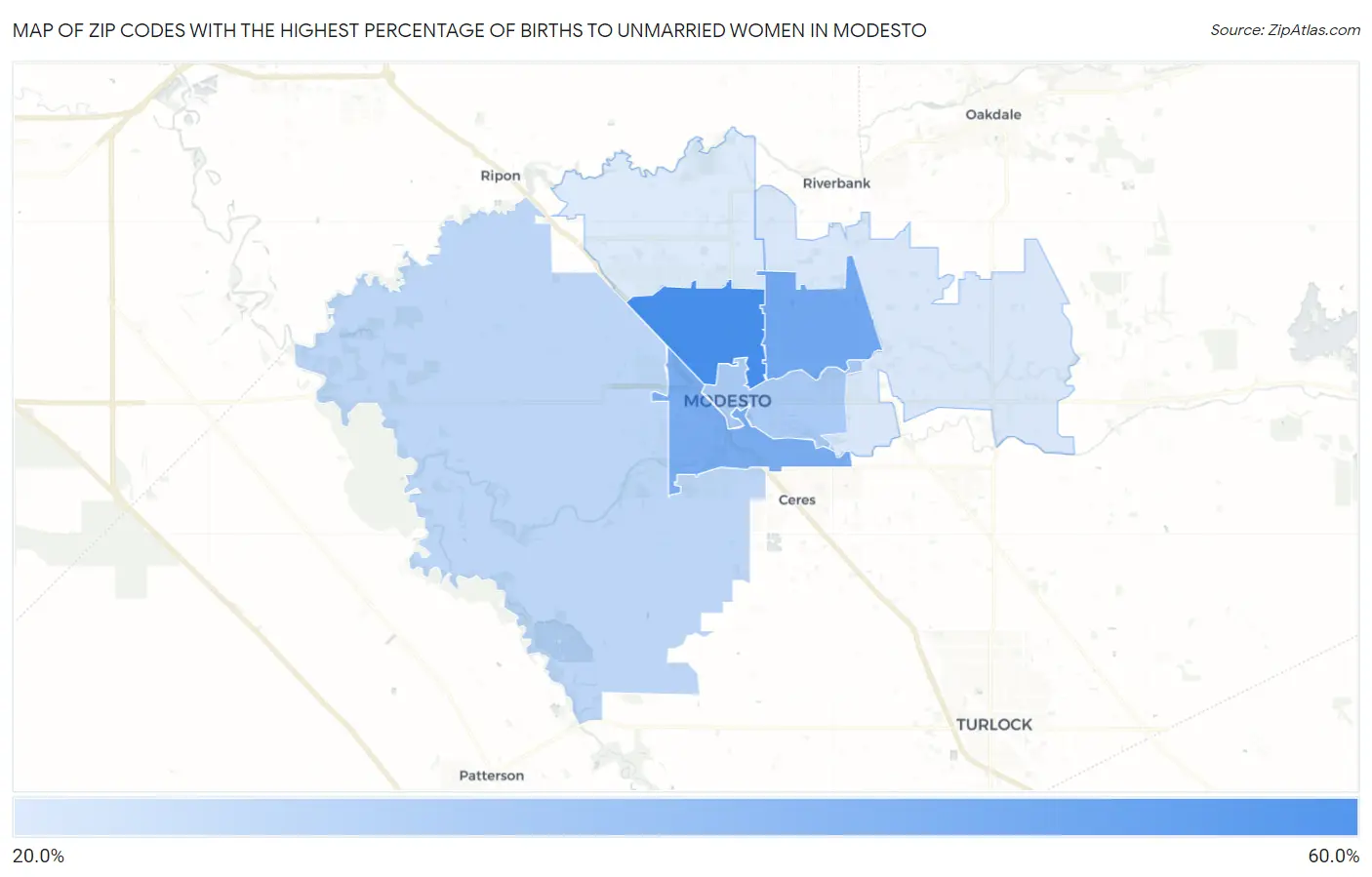 Zip Codes with the Highest Percentage of Births to Unmarried Women in Modesto Map