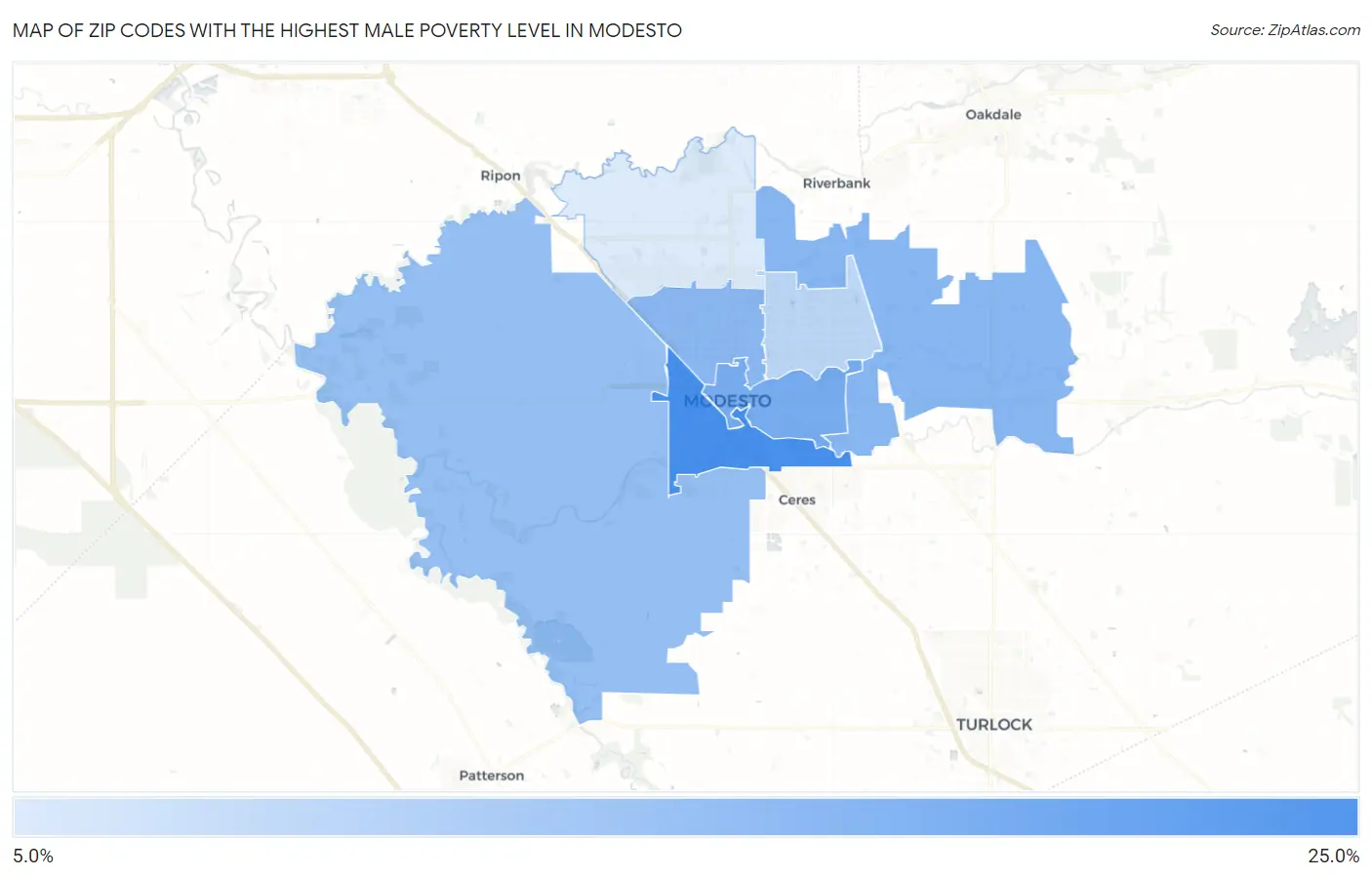 Zip Codes with the Highest Male Poverty Level in Modesto Map