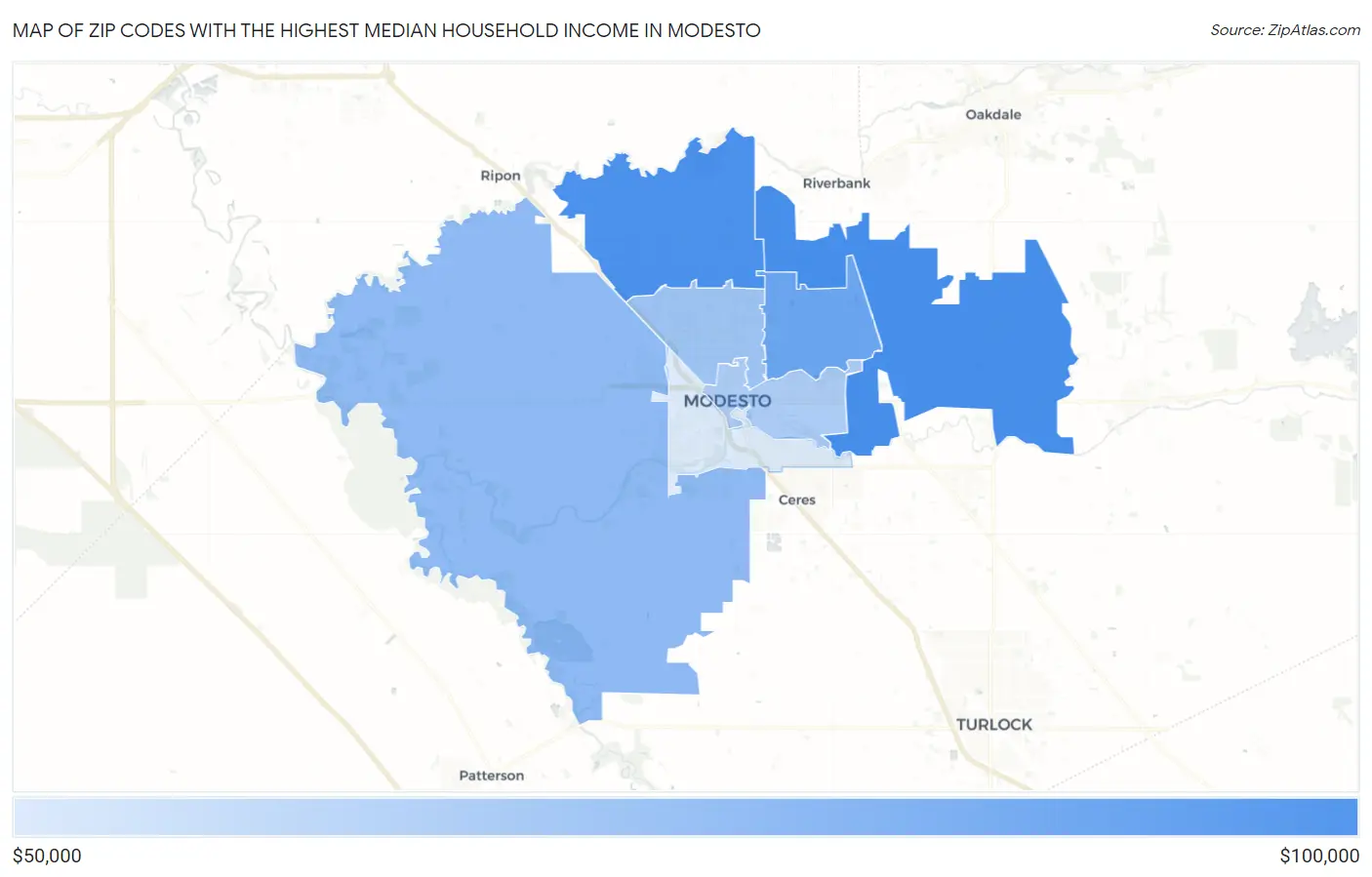 Zip Codes with the Highest Median Household Income in Modesto Map