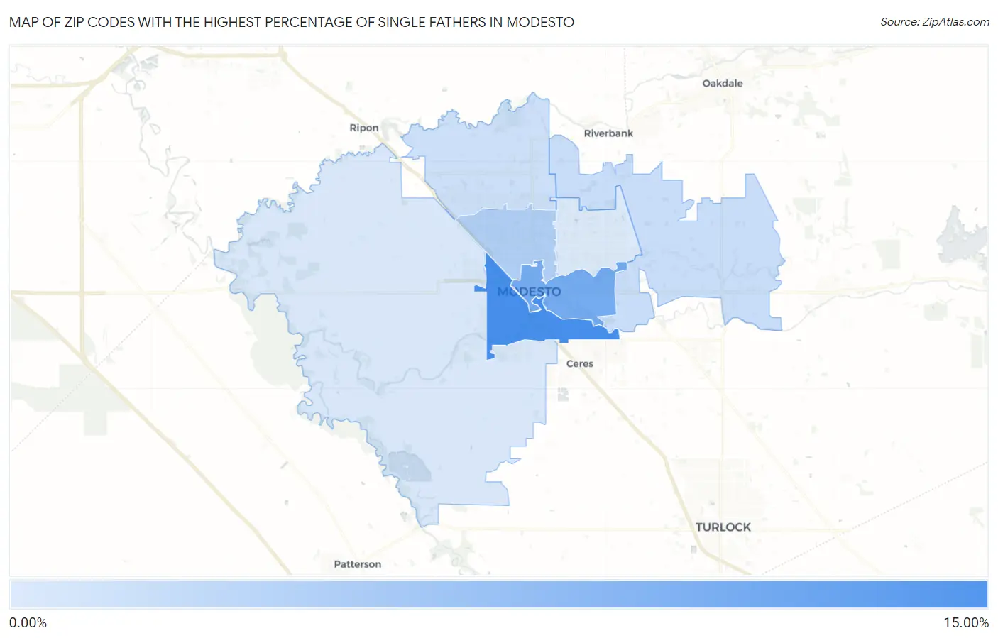Zip Codes with the Highest Percentage of Single Fathers in Modesto Map