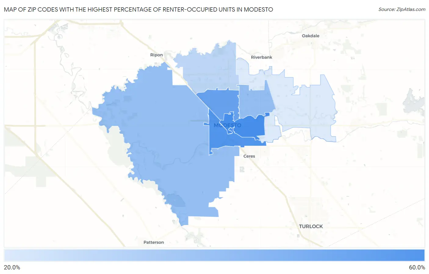 Zip Codes with the Highest Percentage of Renter-Occupied Units in Modesto Map