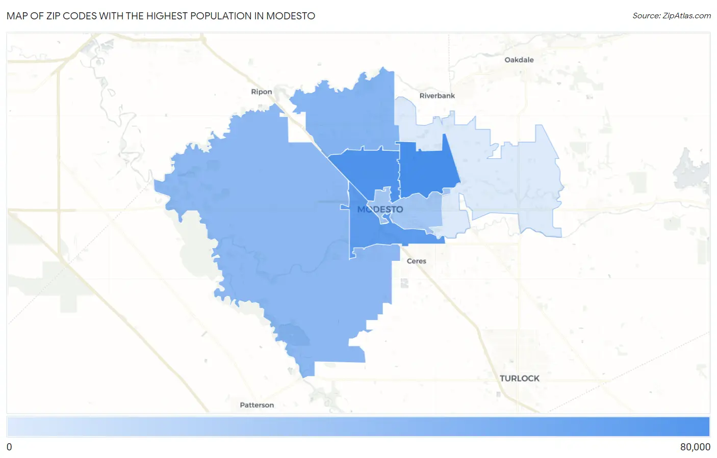Zip Codes with the Highest Population in Modesto Map