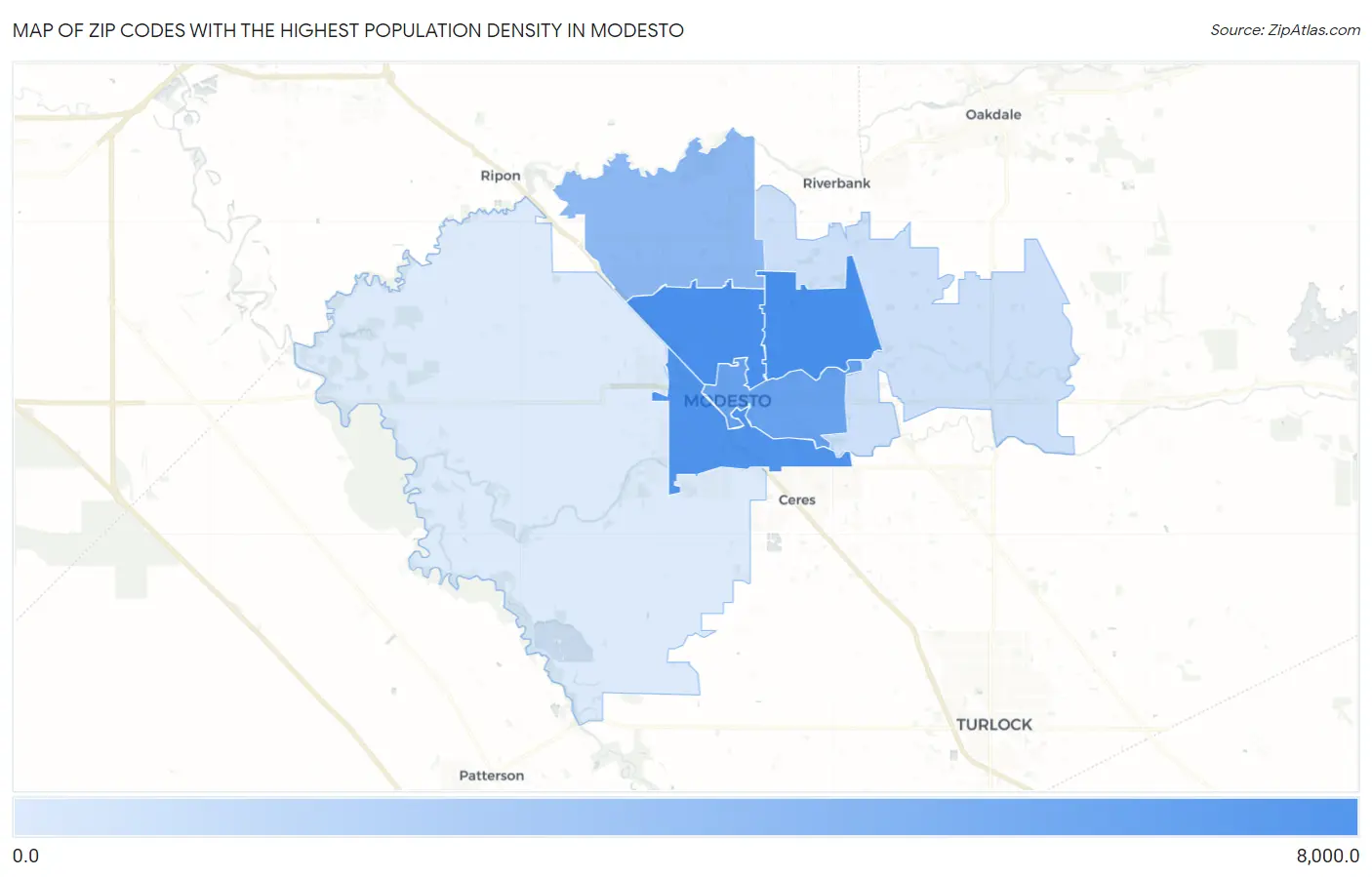 Zip Codes with the Highest Population Density in Modesto Map