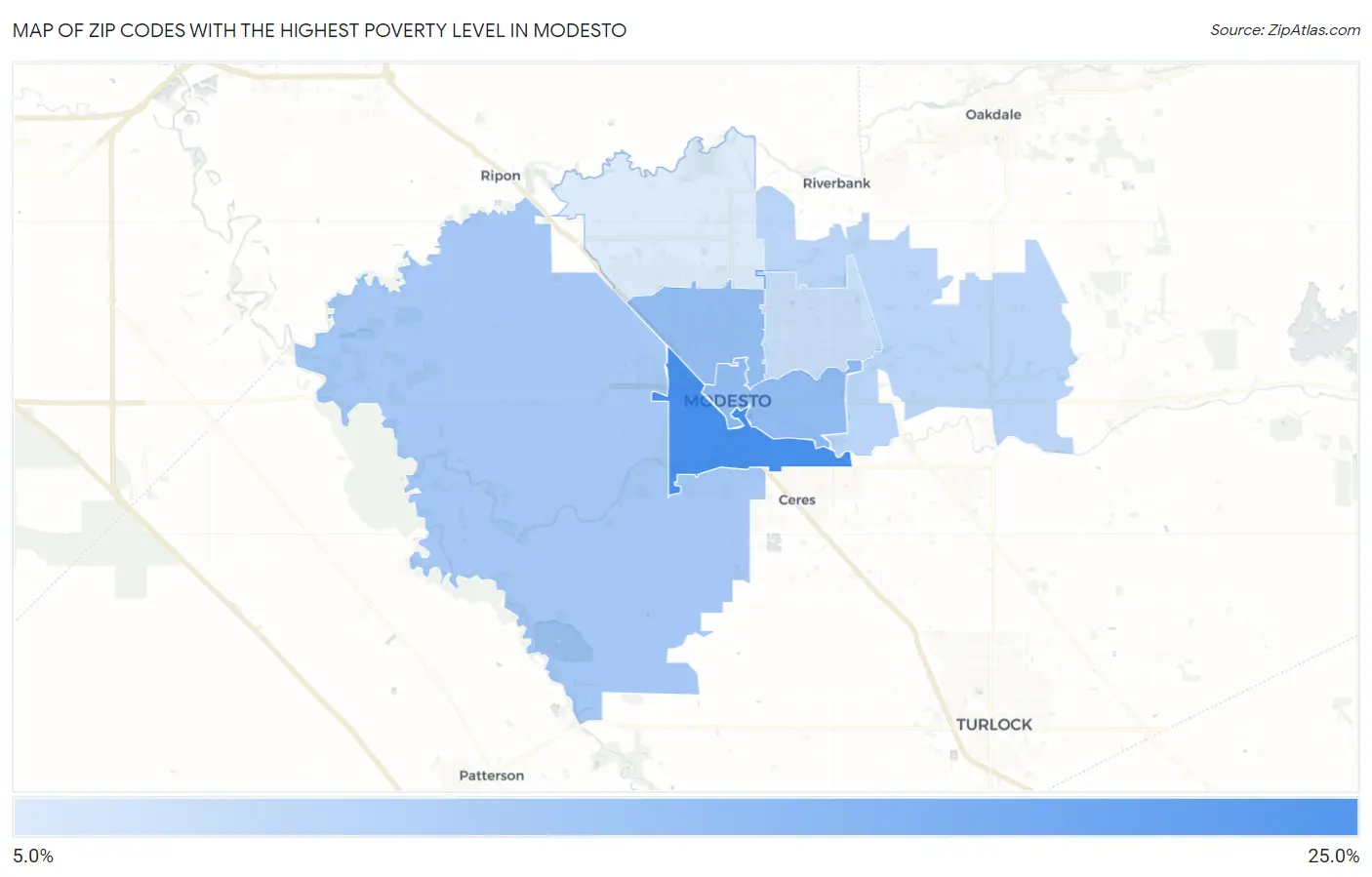 Zip Codes with the Highest Poverty Level in Modesto Map