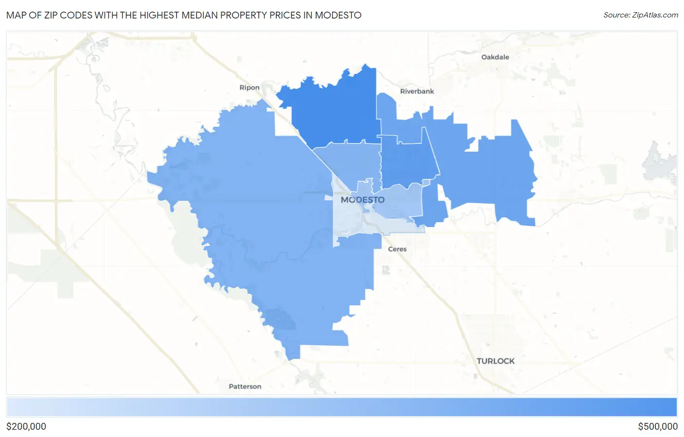 Zip Codes with the Highest Median Property Prices in Modesto Map