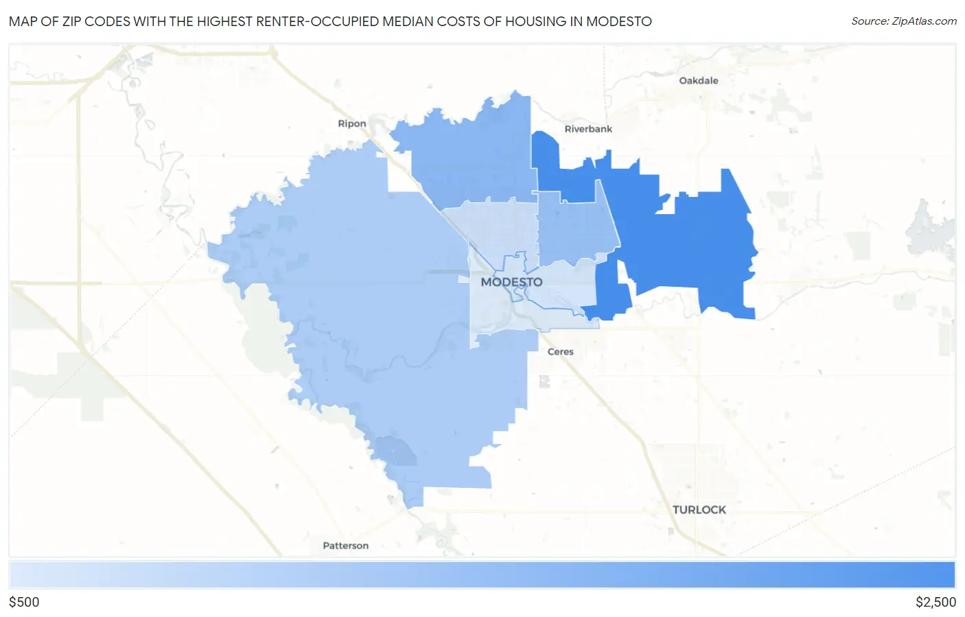 Zip Codes with the Highest Renter-Occupied Median Costs of Housing in Modesto Map