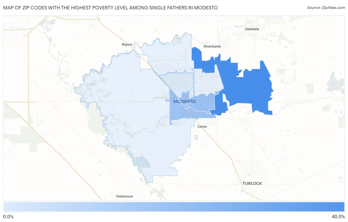 Zip Codes with the Highest Poverty Level Among Single Fathers in Modesto Map
