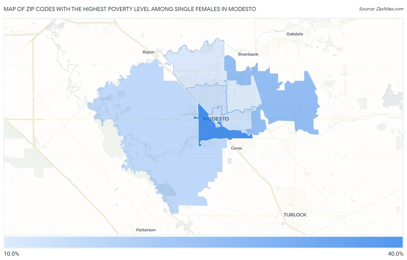 Zip Codes with the Highest Poverty Level Among Single Females in Modesto Map