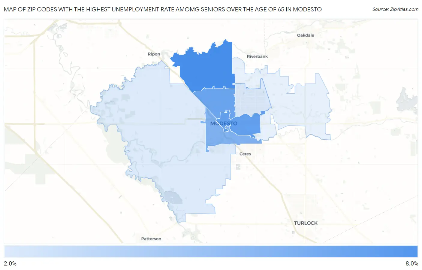 Zip Codes with the Highest Unemployment Rate Amomg Seniors Over the Age of 65 in Modesto Map