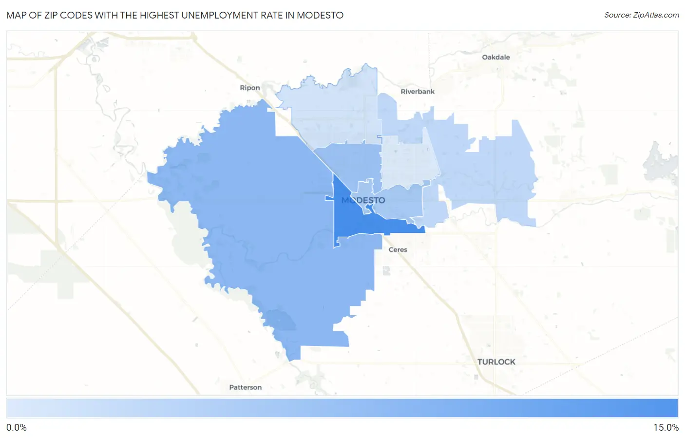 Zip Codes with the Highest Unemployment Rate in Modesto Map